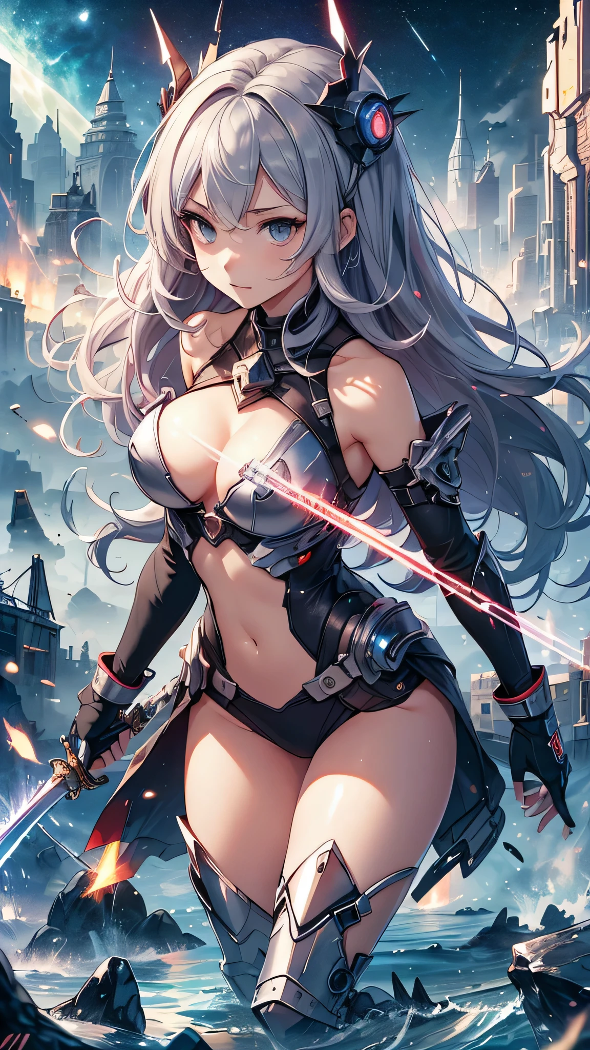 最high quality、best image quality、masterpiece、age girl((18-year-old、 By becoming、vest bust、medium bust,wide open brea、black eye, gray hAria、long hAria、thin,highest valley、Black Battlesuit、white arm parts、white leg parts、Holding a big sword、Glowing red wings,Aria、splatters、fighting pose)),high quality、beautiful art、background((outer space、battlefield、splattersing beams、military base))瓦礫がsplatters、Depth of written boundary、movie、visual art、perfect art、8K,genuine
