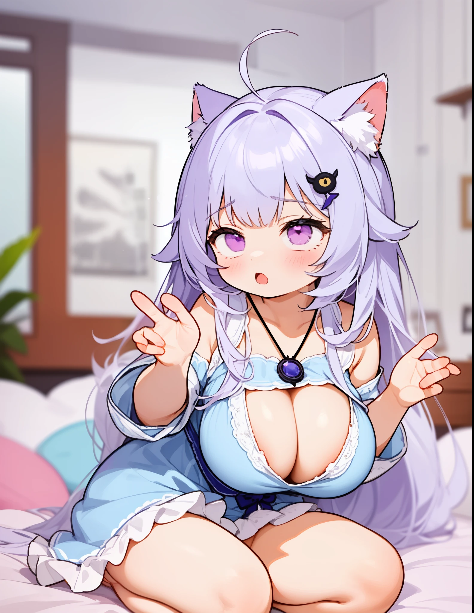 (blurry)animegirl with (soft and fluffy) cat ears and tail, featuring (detailed) purple eyes and a (shy) facial expression. She has (the biggest) sized breasts and is wearing a (revealing) outfit. Her (long) hair is (dyed black), styled in a (punk) manner with hints of (blue aura) emanating from it. The background is filled with (magical) blue hues, creating a (dreamy) atmosphere. The lighting is (soft and ethereal), highlighting the girl's delicate features, biggest breasts,เต็มตัว, hoodies white,มงกุฎบนหัว