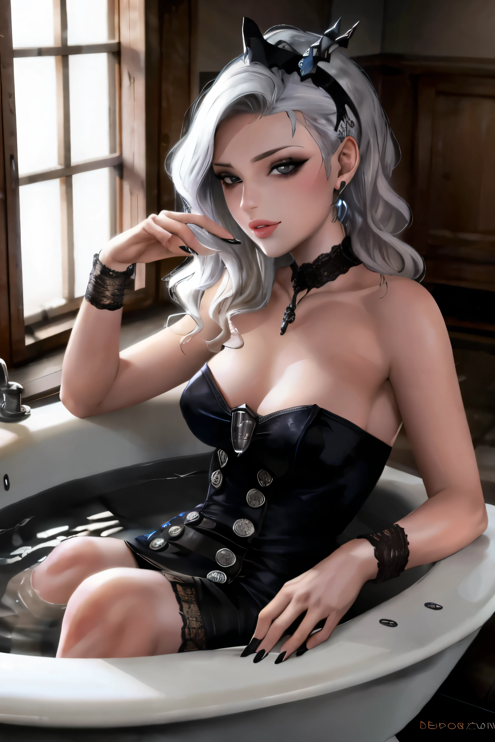 araffes dans une robe noire assis dans une baignoire, fille aux cheveux blancs parfaite, séduisant cyberpunk dark fantasy, Ayez l'air sexy, Magie et vapeur - Inspiré du punk, very Tenue sexy, Ayez l'air sexy at the camera, inspiré par Hedi Xandt, très beau top model gothique, Tenue sexy, épingler, Sourire sensuel, Magnifique femme de chambre, beauté gothique pâle, Style sexy