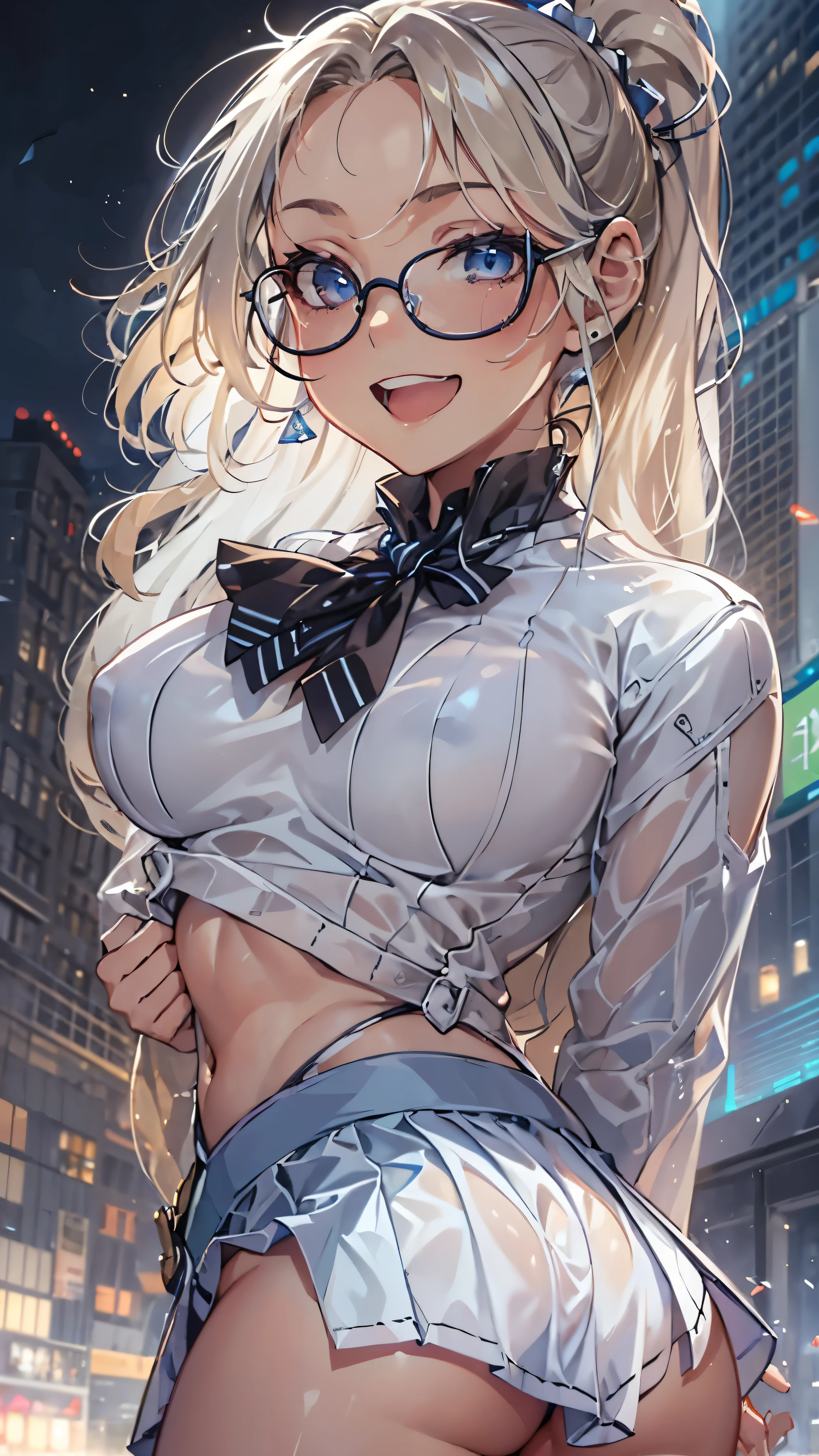 woman,,,city,night,(((white and blue tight miniskirt bodysuit))),,open mouth smile((See-through))Glasses,((Beautiful long ponytail)),((baby girl bohape))((blonde))