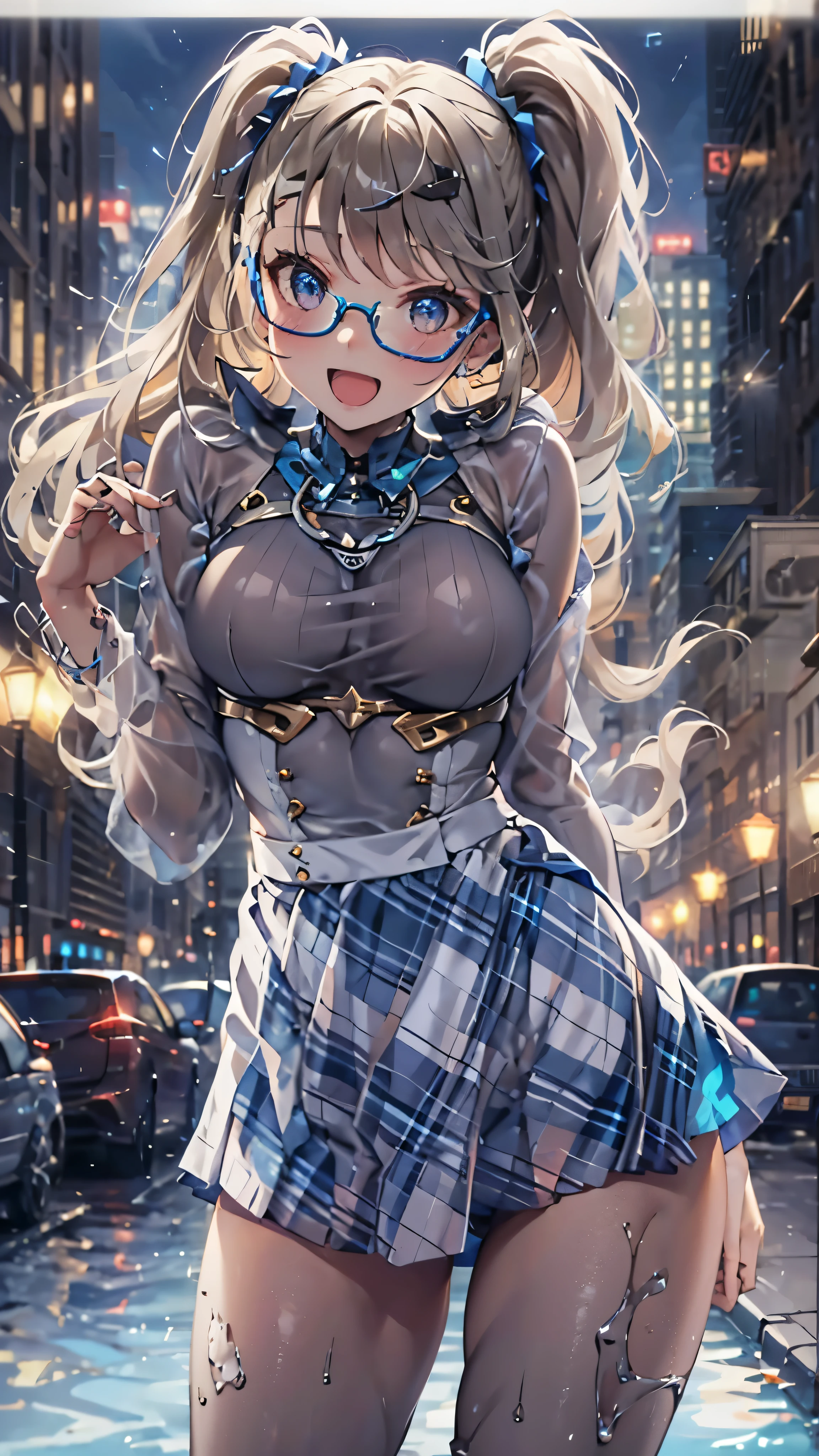 woman,,,city,night,(((white and blue tight miniskirt bodysuit))),,open mouth smile((See-through))Glasses,((Beautiful long ponytail)),((baby girl bohape))((blonde))