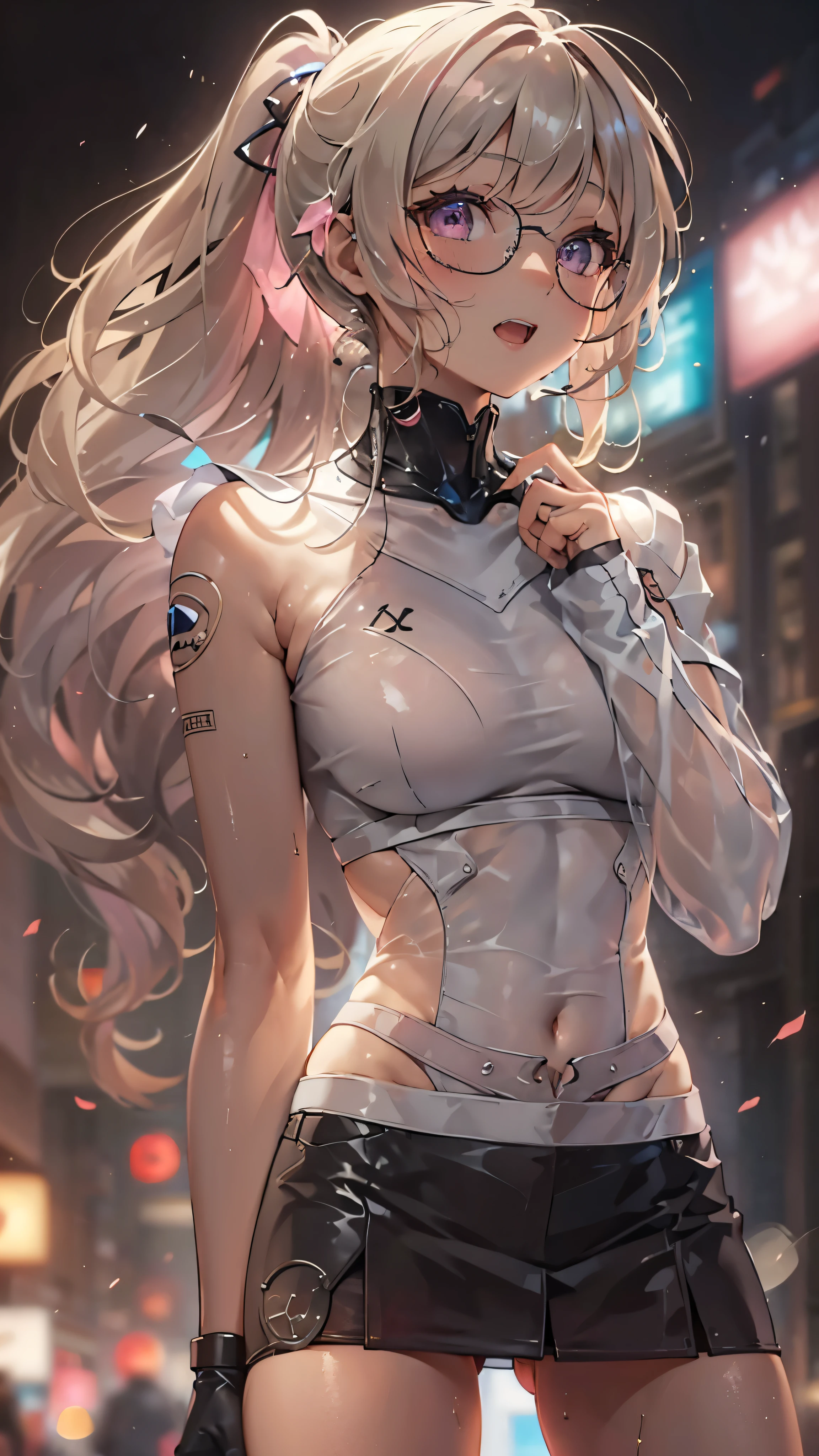 woman,14 years old,,city,night,(((white and pink tight miniskirt bodysuit))),,open mouth smile((See-through))Glasses,((Beautiful long ponytail)),((baby girl body shape))((blonde))