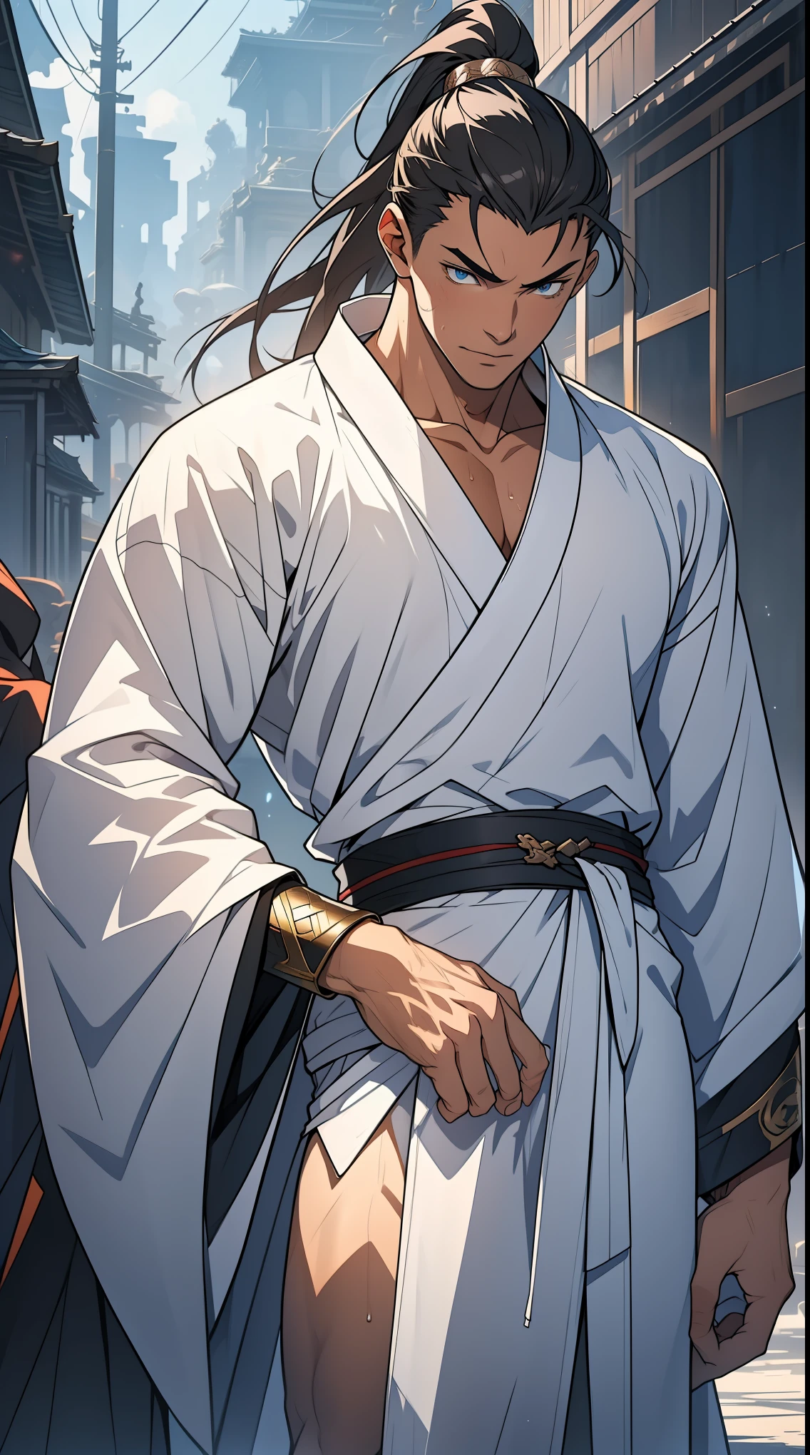 Two dimensions，anime style，one person（male warrior），proportions are correct，facial details，swordsman，high ponytail hairstyle，neck detail，Have an Adam&#39;s apple，White robe，joke，white robe，clothing details，transfer，long sleeves，Game quality，fencing，Ray tracing，Ray tracing，Detailed glow，CG rendering，hair details，long white hair，blue eyes，Handsome，Handsome，（Youthful feeling），Clothing is complicated，Perfect composition，refine，high quality，higher details，many details，Complex background，a sense of atmosphere，