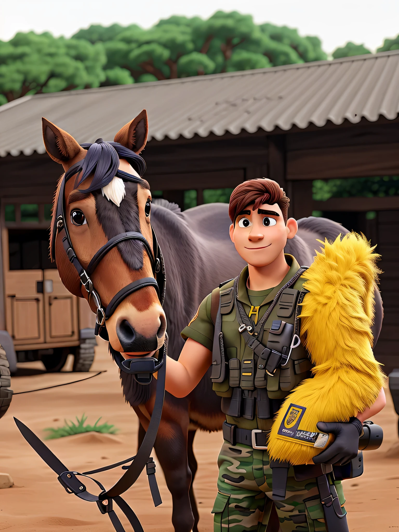 Um homem militar com um capacete amarelo e seu cavalo, estilo disney pixar, alta qualidade, melhor qualidade