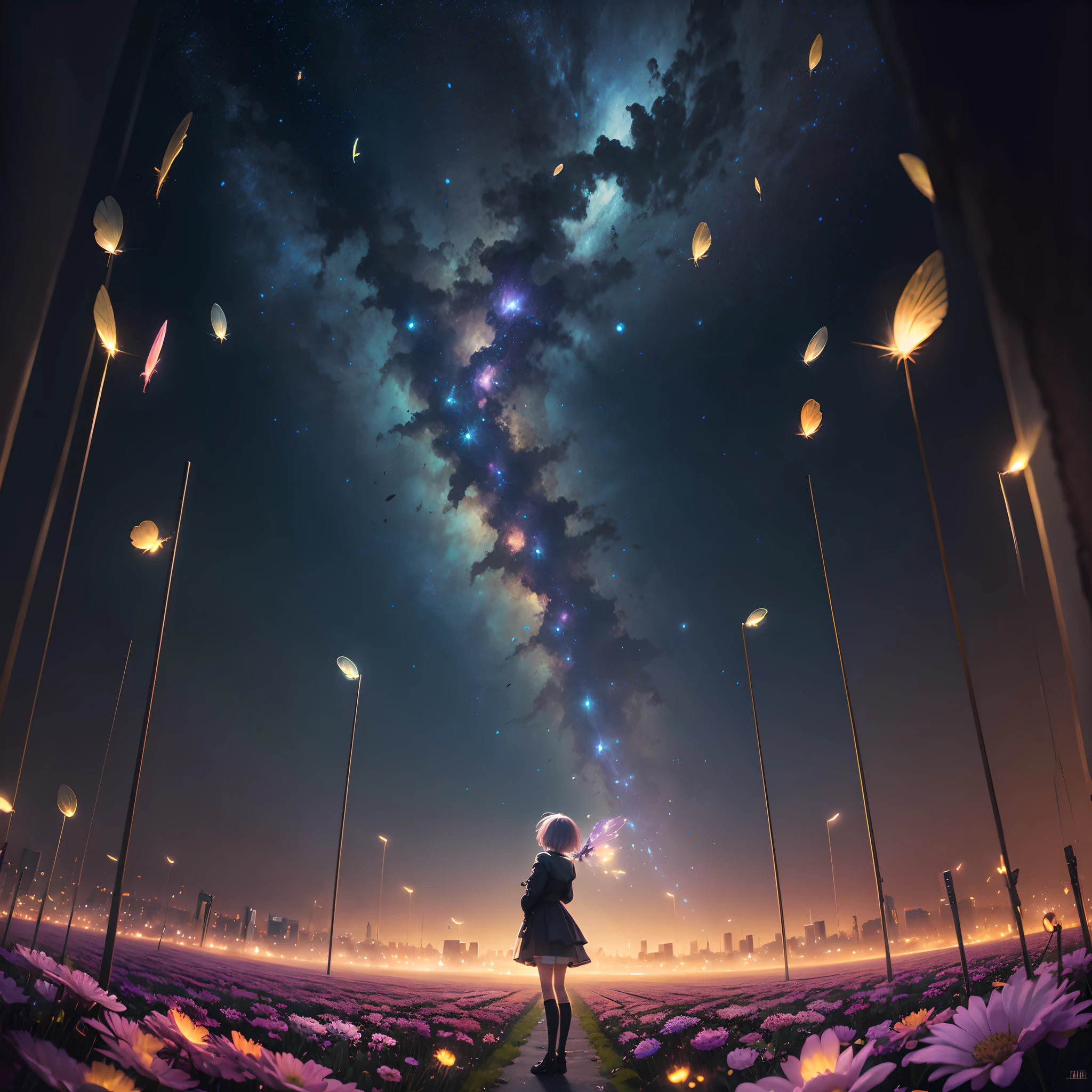 surrealism, romanticism, full bloom, The colors of Mt. Fuji, 8 thousand, super detail, best quality, super detail, high details, high quality, Awards, anatomically correct, masterpiece, accurate, retina, hyper hd，night scene，the magic shines，everything is full of life。。，Fireflies fly everywhere