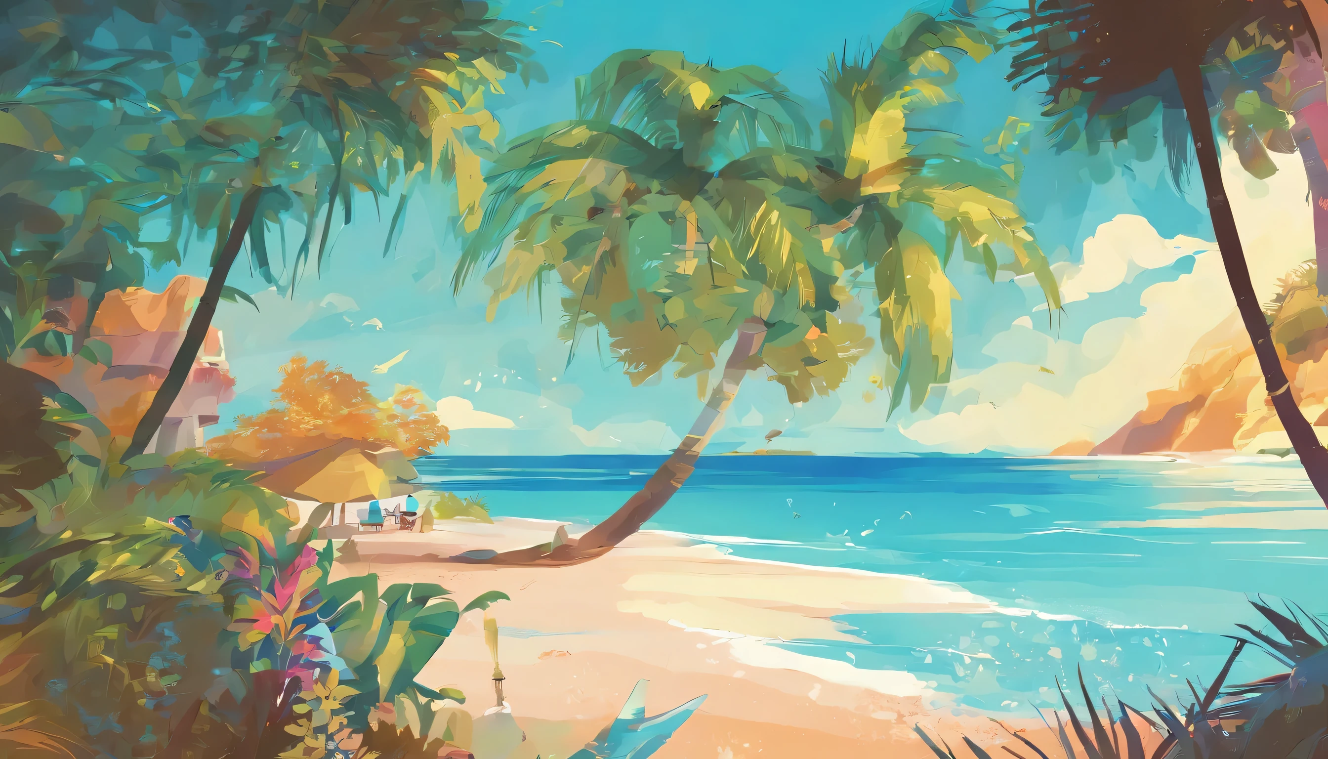 high quality, vibrant colors, ocean waves, sandy beach, clear blue sky, sparkling water, tropical paradise, palm trees, gentle breeze, tranquil, peaceful, seashells, seagulls, sun-kissed skin, relaxing, vacation getaway, horizon, endless view, underwater world, marine life, coral reefs, snorkeling, sailing, beachfront villa, hammock, coconut drinks, paradise island, summer vibes, coastal retreat, serene, escape from reality