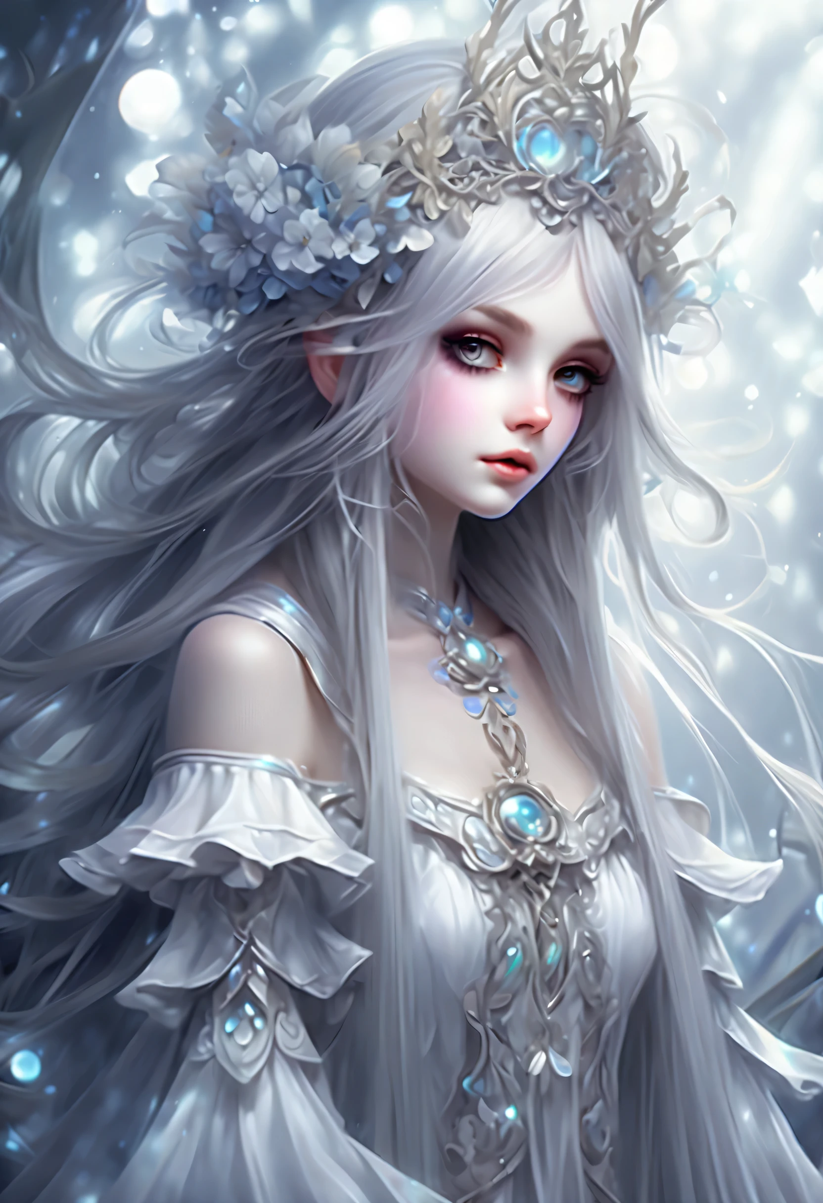 Dark fantasy magical girl coolness, Shaggy long hair with light gradation, Big eyes with beautiful details and a subtle sparkle, white cute ribbon, Beautiful detail face and hair, smooth and flawless Skin, Inspired by dark fantasy、Magical dress with intricate details, Hold up an elaborate wand of ornaments using black magic., Mysterious fog splash art around, bevel angle, realistic, intricate details, stunningly detailed brush strokes, Amazing beautiful sparkle background, highest quality, highest quality, High resolution, Beautiful detail shine, 8K, Holographic 32K rendering, Multi-touch illustration with delicate and precise brush strokes,