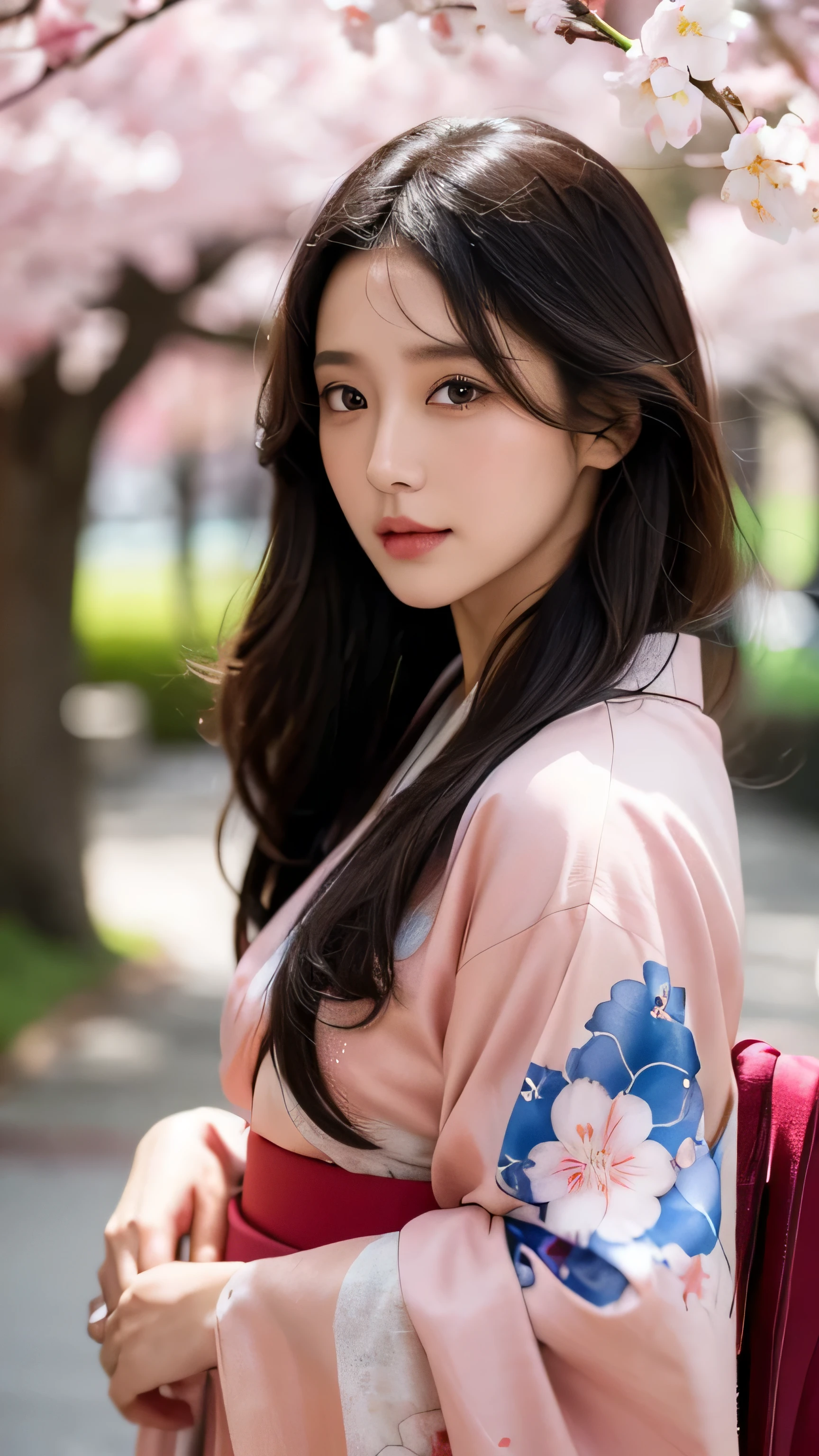Beautiful brunette supermodel woman, A lock of hair with slight highlights, black eyes, mixed media, Sexy,cherry blossom tree background,Colorful kimono , Liquid color flows across her face, Photographed by Yui Aragaki