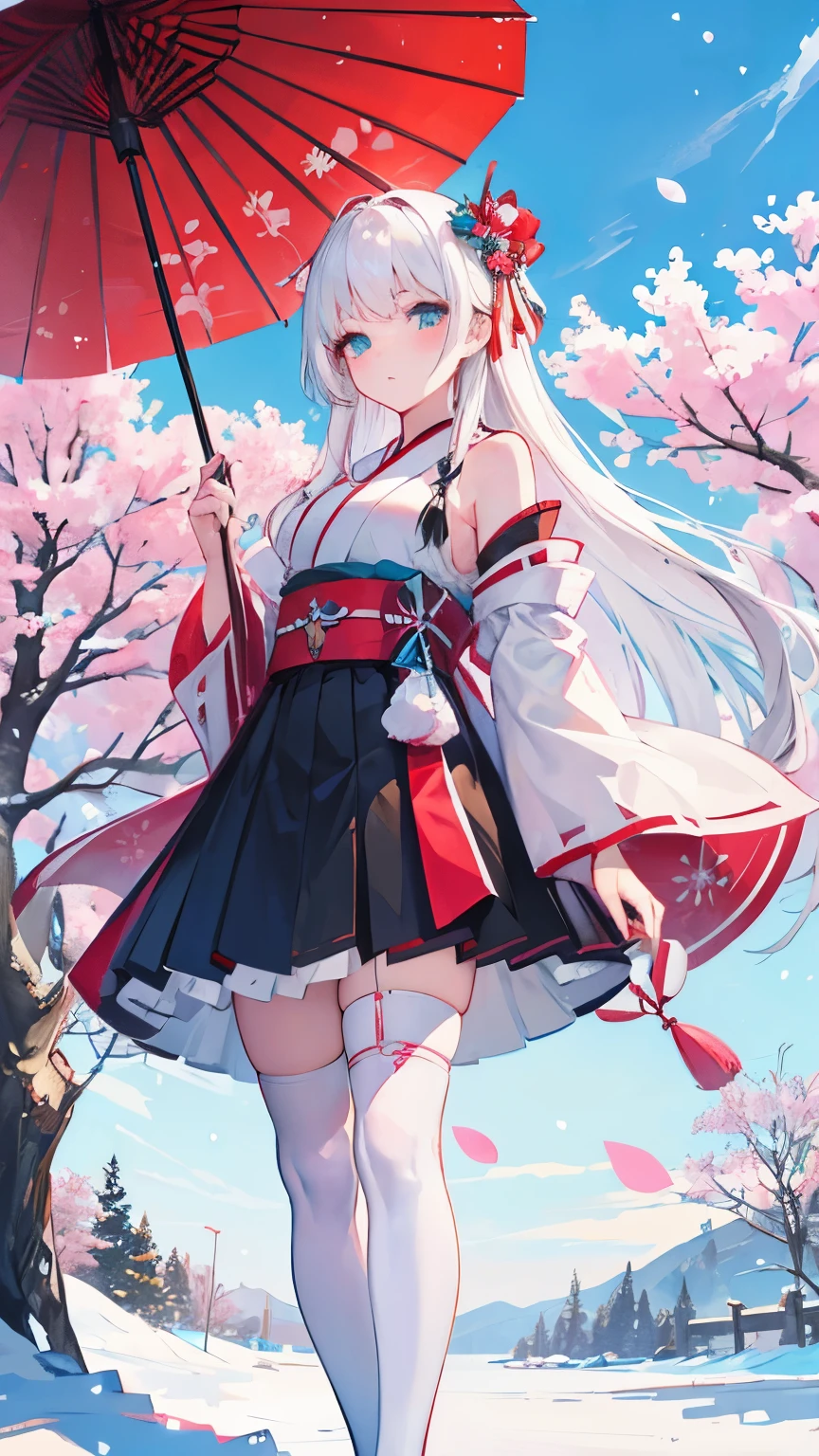 white hair,Top image quality,s girl,masterpiece,de pele branca,Semi-long hair,,hime-cut,,Glowing face, aqua eyes, black skirt, white stocking, laces on stocking, ribbons on hair, red-blue sky, snow, sakura trees, sakura leafs on the air, cinematic, detailed, composition, perspective, fantasy japanese clothes