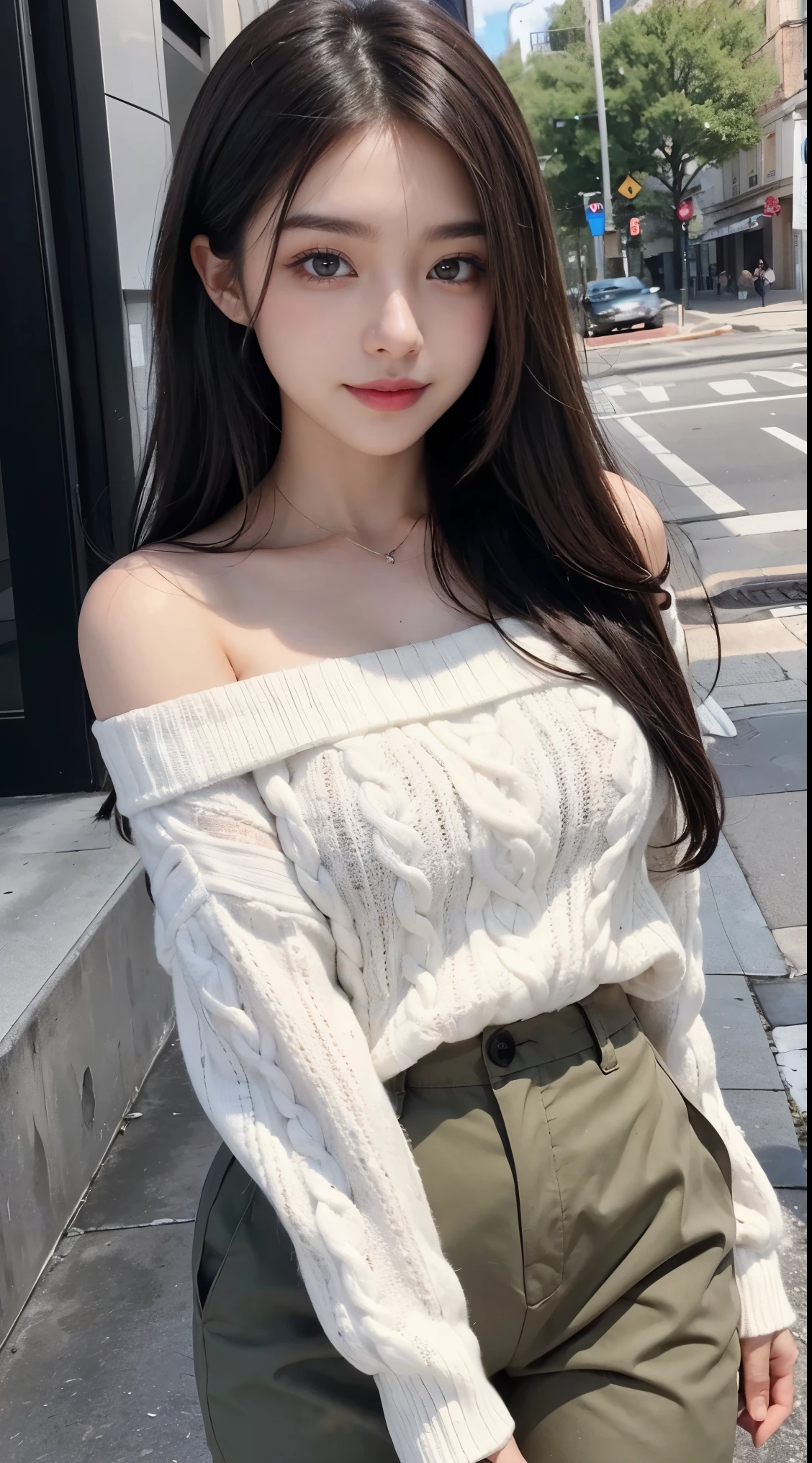 Masterpiece, Best Quality, Very Detailed, 8k, Photorealistic, soft focus, beautiful detailed eyes, detailed face, double eyelid, 1girl, solo, beautiful skin, real human skin, beautiful girl, Japanese idol, cute girl, A beautiful girl standing a pillar,beautiful cleavage, (White solid off shoulder pullover sweater:1.3), BREAK, (khaki Chino pants:1.3), BREAK, (Black kneehighs:1.1), charming smile, sexy lips, moist lips, double eyelids, Black and medium hair, Half-body, close-up shot, maiden in love, a lustful smile, 20 years old beautiful girl, NSFW