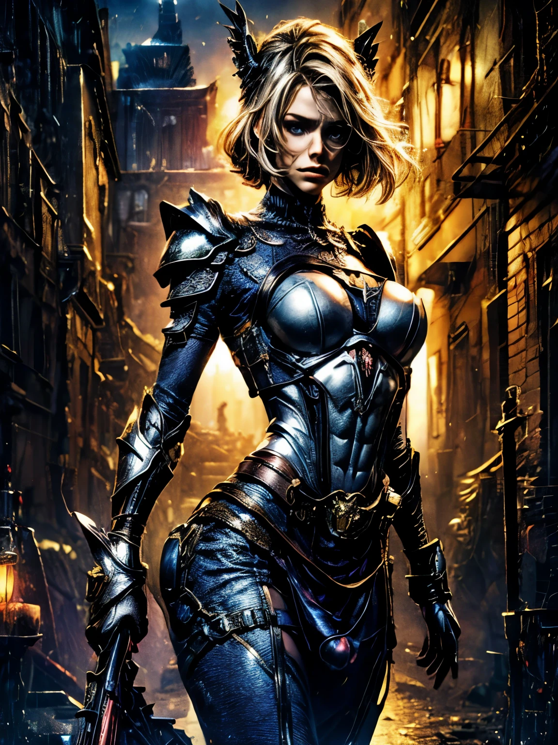  a sexy female knight wearing Lovecraftian armour,  she has a serious look on her face, it is early morning, she is in the middle of the village square 