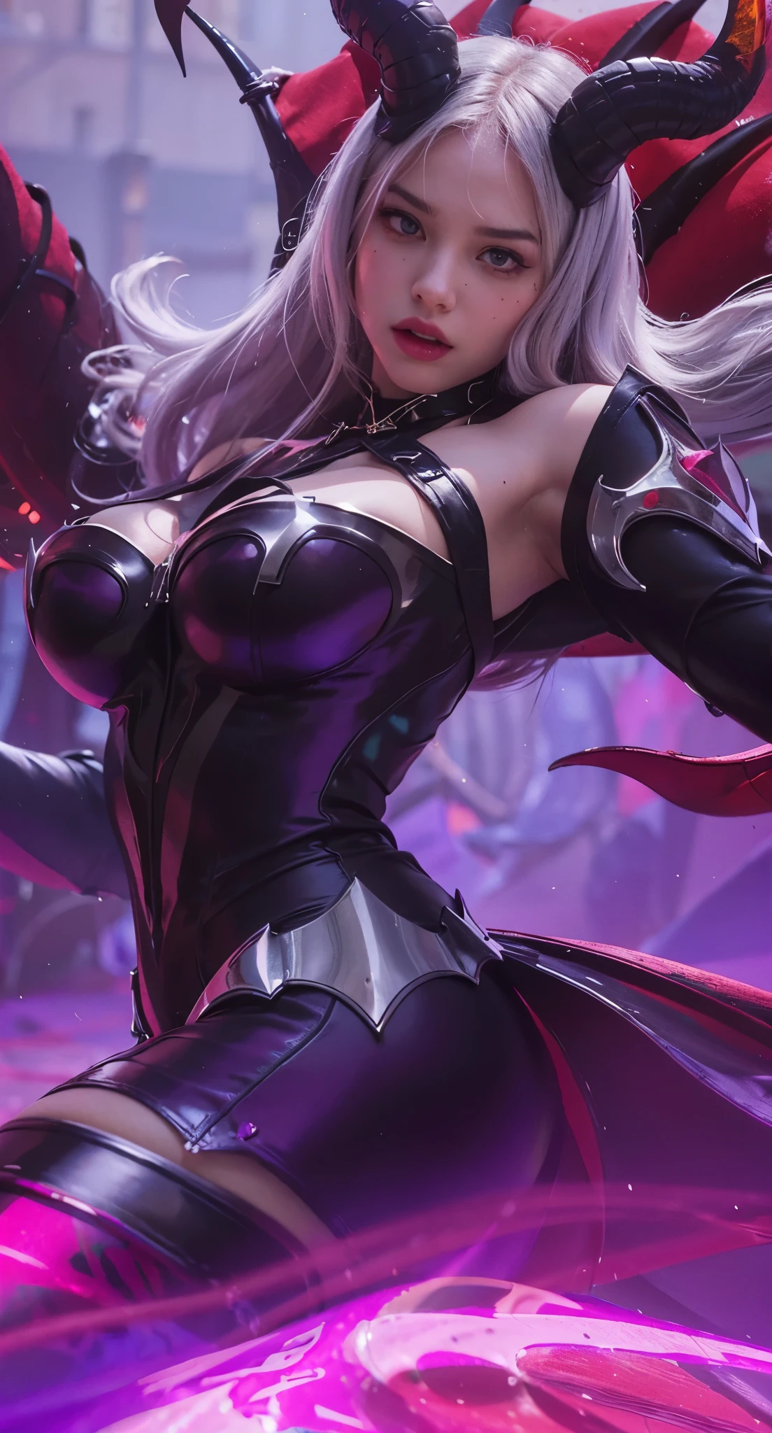 Real life adaption of this character, teen beauty face, villain expression, realistic same devil horn,realistic same hair, realistic same outfit, realistic light, realistic shadow, realism, hyper realistic, (photorealistic 1:2)