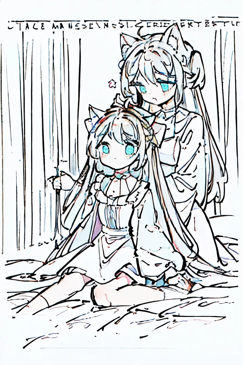 2girls, beautiful, (masterpiece:1.6), sitting, vintage mirror, sad, simple dress, frills, cat ears, cat tail, braiding, one braids other's hair