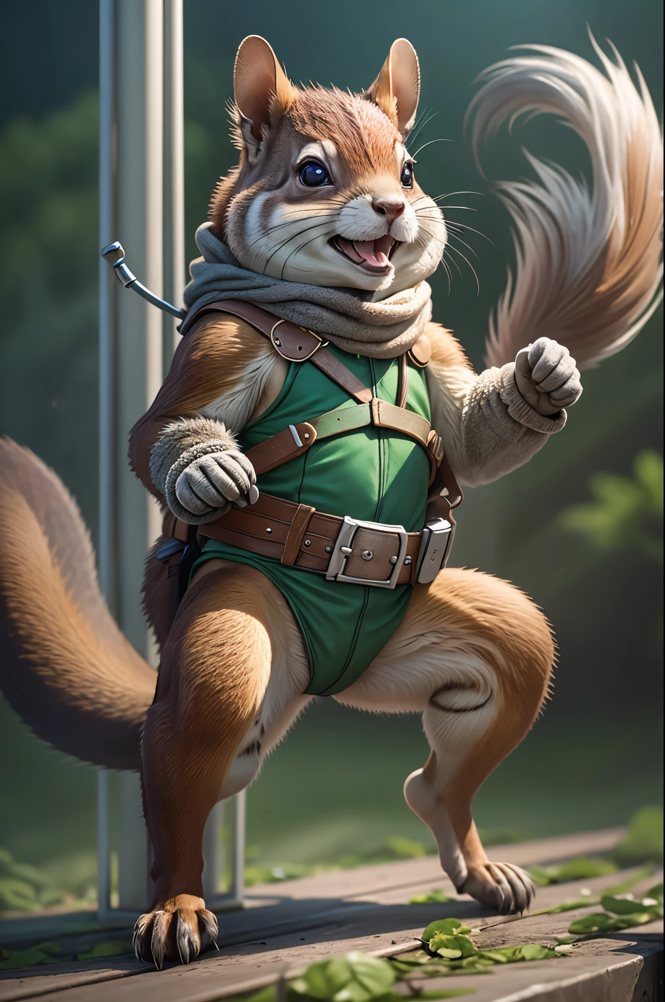 A photo of a fabulous animal Squirrel as dressed in Ninja Turtle, human stance, smiling, fitting Background, full body Photo, cinematic, full shot 