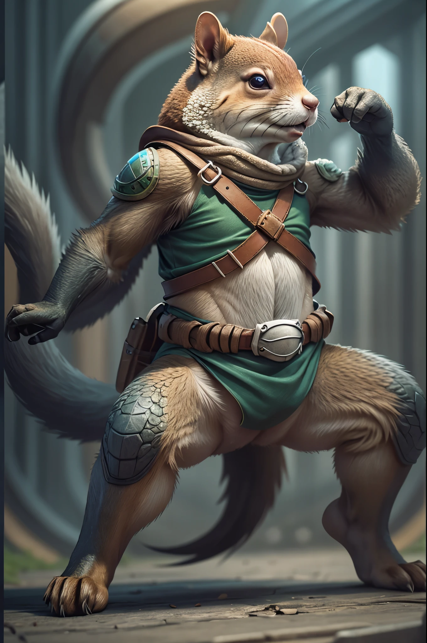 A photo of a fabulous animal Squirrel as dressed in Ninja Turtle, human stance, smiling, fitting Background, full body Photo, cinematic, full shot 