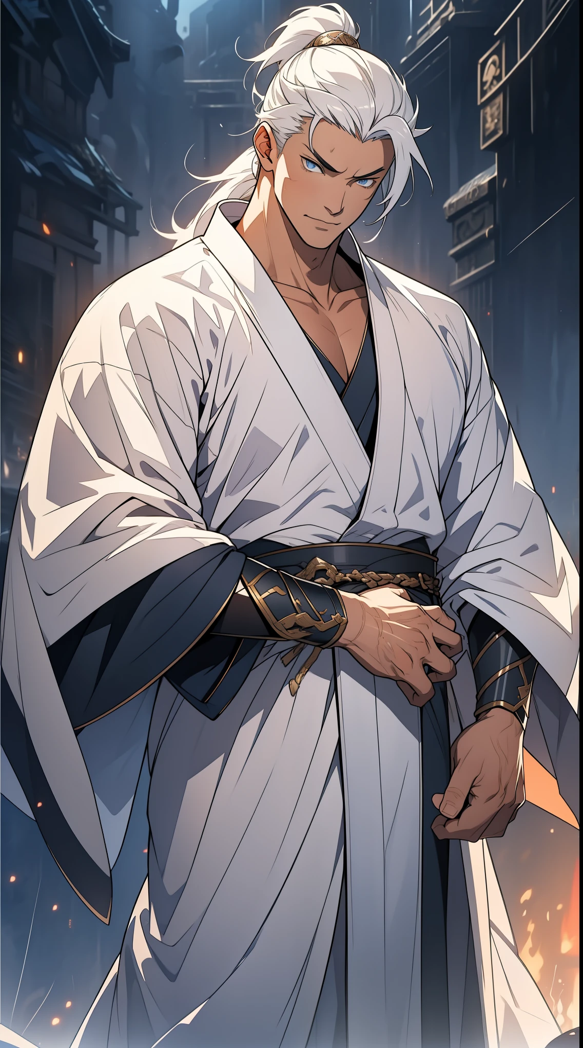 Two dimensions,anime style,one person(male warrior),proportions are correct,facial details,swordsman,high ponytail hairstyle,neck detail,Have an Adam's apple,White robe,joke,white robe,clothing details,transfer,long sleeves,Game quality,fencing,Ray tracing,Ray tracing,Detailed glow,CG rendering,hair details,long white hair,blue eyes,Handsome,Handsome,(Youthful feeling),Clothing is complicated,Perfect composition,refine,high quality,higher details,many details,Complex background,a sense of atmosphere,