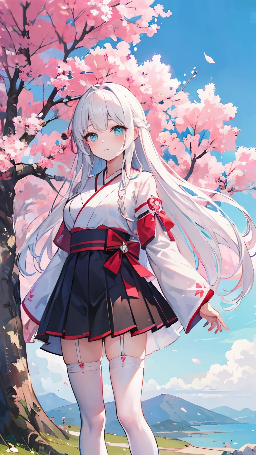 white hair,Top image quality,s girl,masterpiece,de pele branca,Semi-long hair,,hime-cut,,Glowing face, aqua eyes, black skirt, white stocking, laces on stocking, ribbons on hair, red-blue sky, sakura trees, sakura leafs on the air, cinematic, detailed, composition, perspective, fantasy japanese clothes