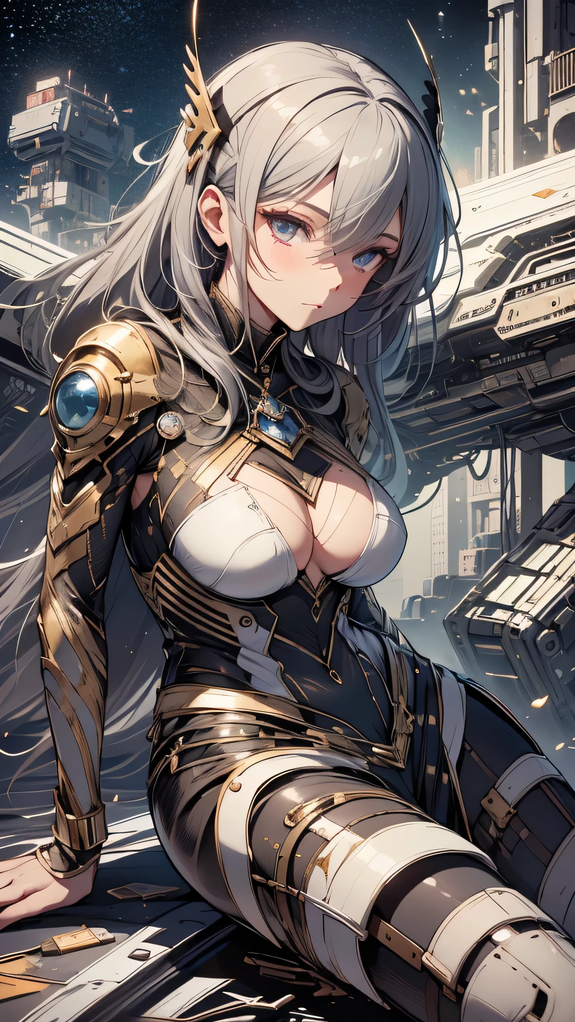 最high quality、best image quality、masterpiece、age girl((18-year-old、 By becoming、vest bust、medium bust,wide open breast tea、black eye, gray hAria、long hAria、thin,highest valley、Black Battlesuit、white arm parts、white leg parts、Holding a big sword、Glowing red wings,Aria、splatters、fighting pose)),high quality、beautiful art、background((outer space、battlefield、splattersing beams、military base))瓦礫がsplatters、Depth of written boundary、movie、visual art、perfect art、8K,genuine