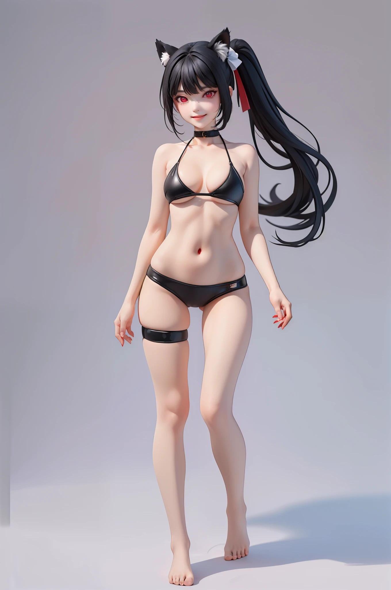 (masterpiece)、(top-quality)、(ultra-detailer)、(full bodyesbian)、(Anatomically correct)、 1人、black hair, black cat ears, straight high pony tail, split fringe, smile, black bikini、no helmet, (beautifull detailed face)、(beautiful red eyes)、((full body view)), medium breast, grey background. bare legs, bare arms, single pony tail,