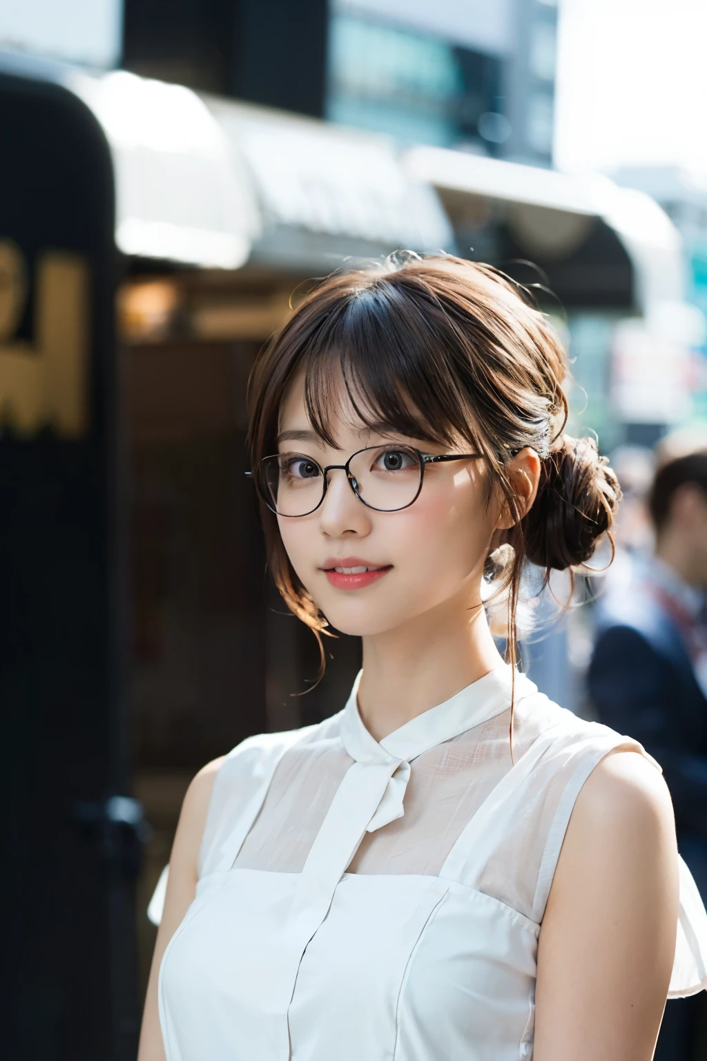 (8K、Raw photography、top-quality、masterpiece:1.2)、(realisitic、Photorealsitic:1.37)、ultra-detailliert、超A high resolution、女の子1人、see the beholder、beautifull detailed face、A smile、Constriction、(Slim waist) :1.3)、((White blouse clothes))、Beautiful detailed skin、Skin Texture、Floating hair、((Hair bunched into one))、large full breasts、Professional Lighting、In front of the station at noon、((Black square glasses))、Whole human body、Brown hair、Calling on your phone、