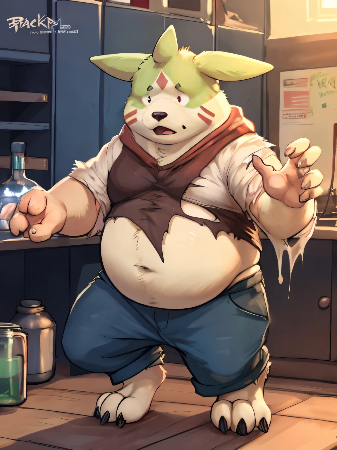 lab, looking shocked, looking surprised, fat, (Gargomon), digitigrade, male, clothes
BREAK (by zackary911, by braeburned, by haps), (transformation:1.2), on knees, ripped clothes, human,
BREAK 