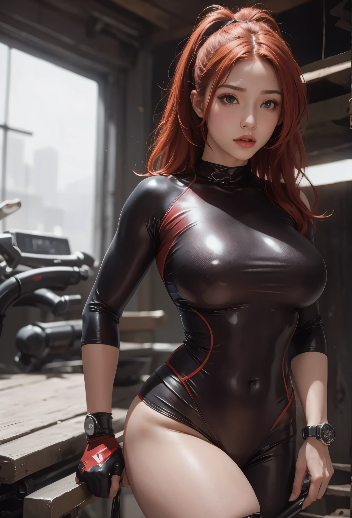 high detail, wearing (tight shirt:1.2), beautiful detailed face, red hair, hazel eyes, (attractive fitness woman:1.3), (seductive:1.1), (blushing:1.1), hourglass body shape, complete shiny aerobic black and red latex bodysuit, big round breasts