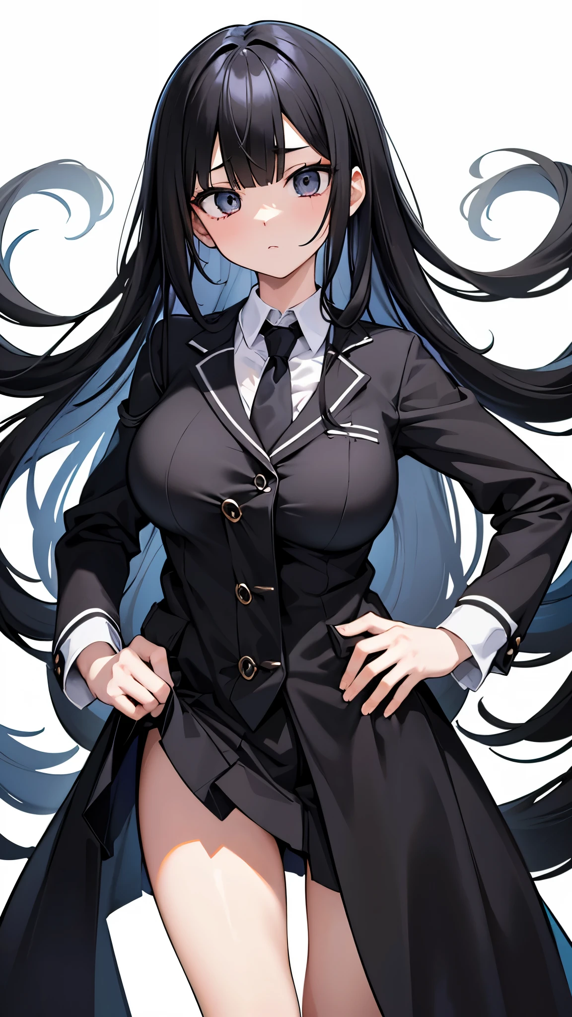 2D Anime Wallpapers,long black hair,girl,Black long sleeves、Tie Uniform,black mini skirt,big breasts,,expressionless、((Take a photo facing the front))、(Face and body face forward:1.5)、((pure white background))
