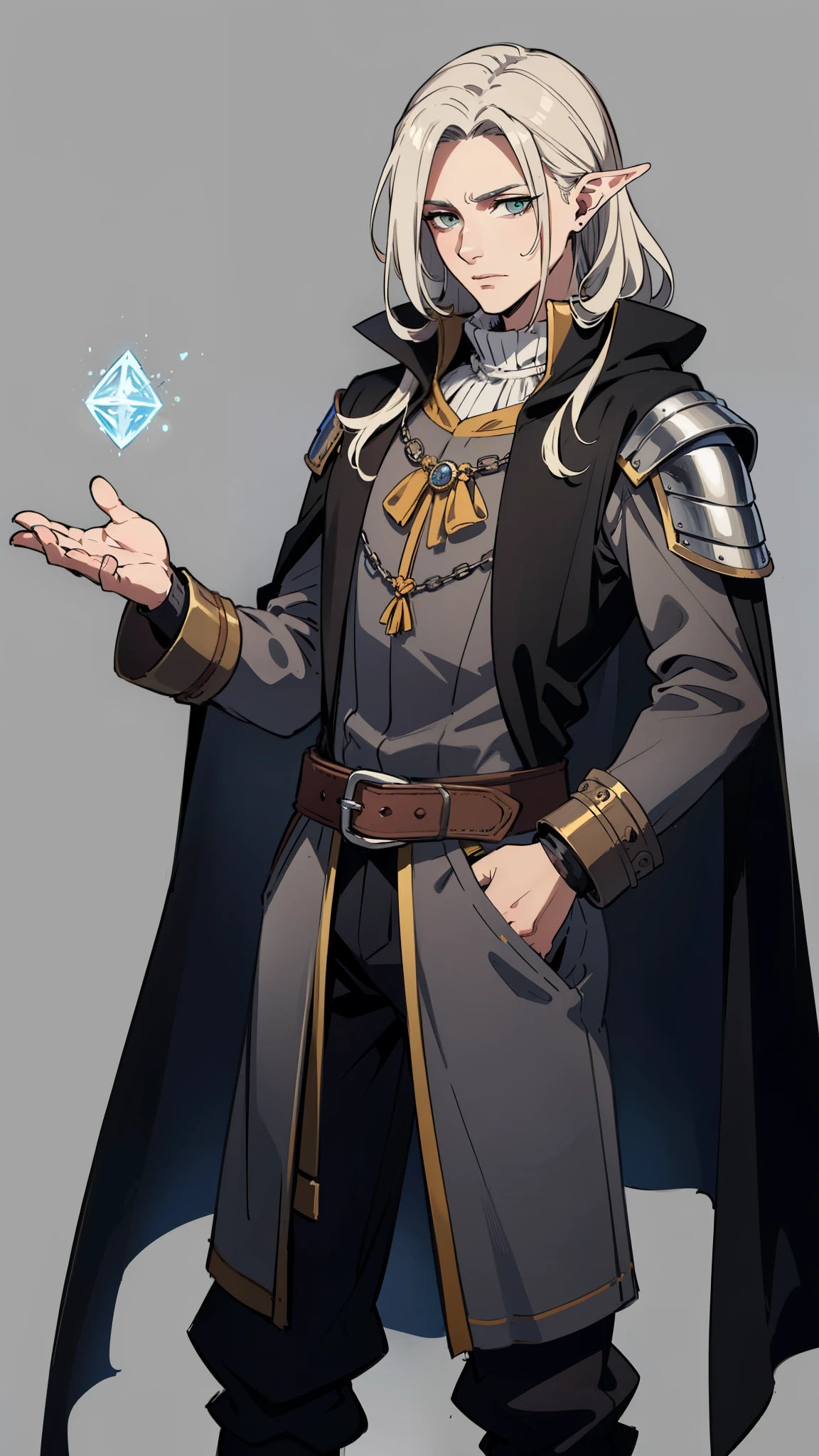 masterpiece, detailed, character, dungeons and dragons character, 1man, human male, ((human Sorcerer, human arcane mage)), (dragon magic), long grey hair, handsome face, detailed face, detailed eyes, green eyes, ((holding unformed magic energy made of mana in hands:1)), (wearing (medieval handsome fantasy cloth apparels, (medieval noble suit, medieval pants, medieval coat), (medieval Sorcerer fantasy outfit)), ((simple background, grey color background))
