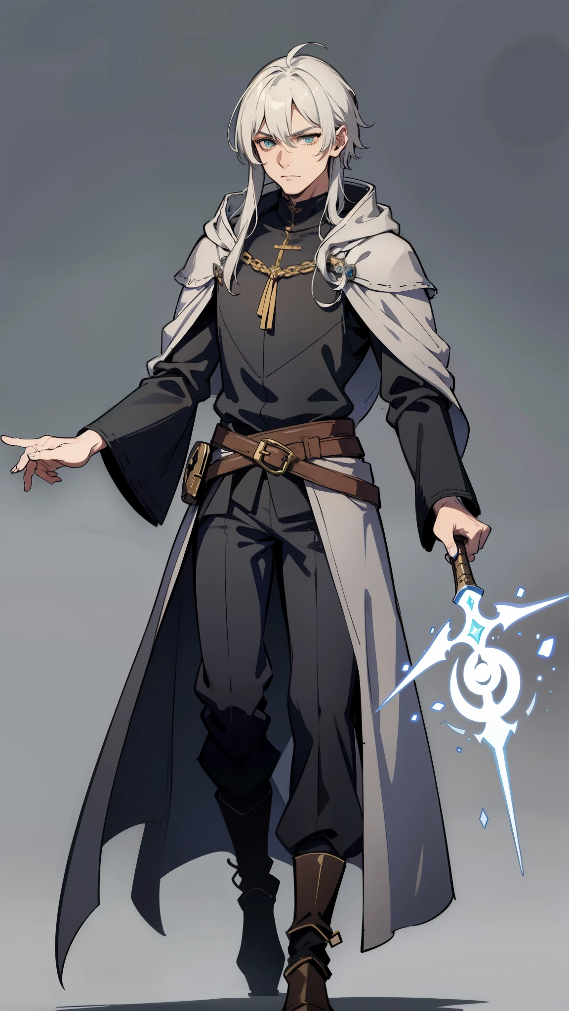 masterpiece, detailed, character, dungeons and dragons character, 1man, human male, ((human Sorcerer, human arcane mage)), (dragon magic), long grey hair, handsome face, detailed face, detailed eyes, green eyes, ((holding unformed magic energy made of mana in hands:1)), (wearing (medieval handsome fantasy cloth apparels, (medieval noble suit, medieval pants, medieval coat), (medieval Sorcerer fantasy outfit)), ((simple background, grey color background))