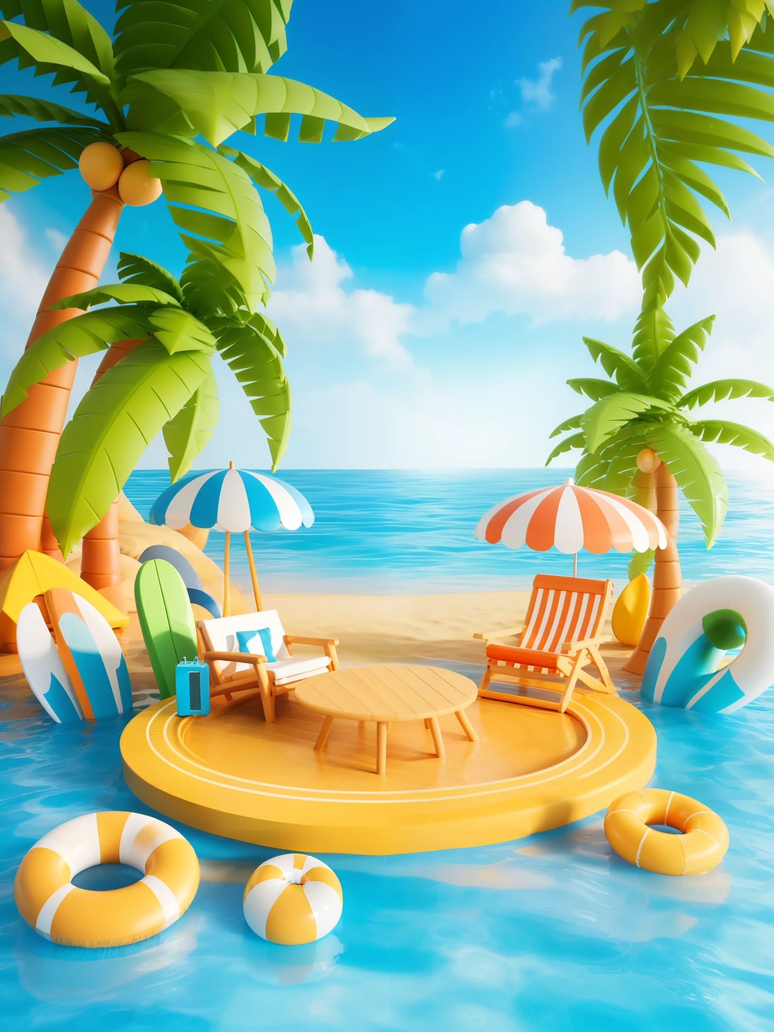 3ddianshang\(style\),There is a beach scene with palm trees, chairs, camera and lifebuoy, stylized digital illustration, beach background, beach setting, beach sunny day, strong light, seaside background, beach setting medium shot, 3D stylized scene, tropical background, 3d rendering stylized, 3d illustration, 3d illustration 