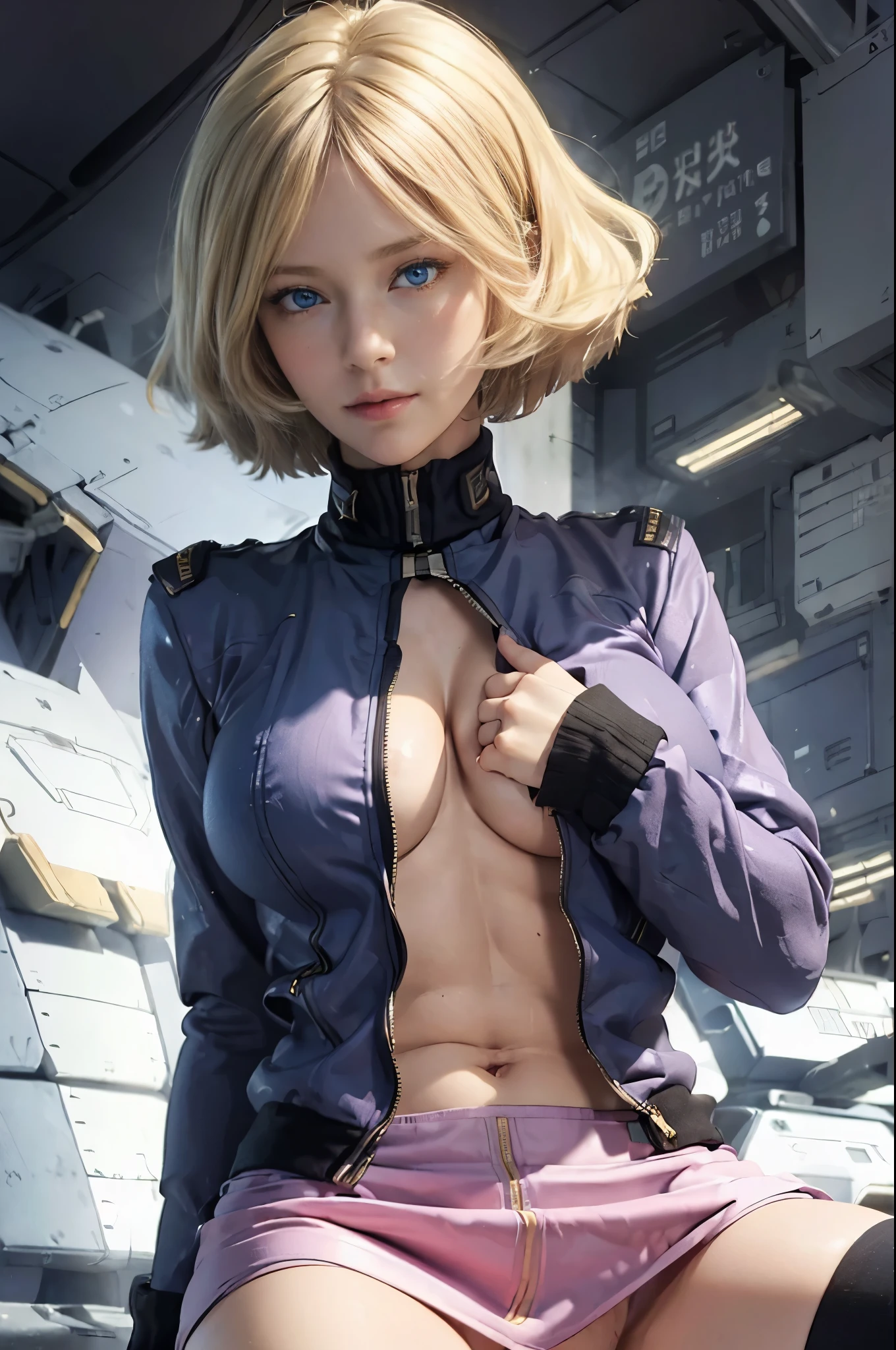 good anatomy, masterpiece, best quality,realistic, hyperrealistic, 16k hdr,1 beauty female,Dark blue eyes,blonde hair,bobcut,Strong gaze、Growing eyes,(EFSF pink Uniforms),highly detailed、Raw texture,(sayla mass),Detailed hand depiction,(ultra miniskirt,show off micro panties:1.4),cameltoe,medium breasts,(from below,sexy pose,spread legs,sitting:1.3),cockpit view,(open jacket,show off breasts:1.3),erected nipples,cleavage,navel