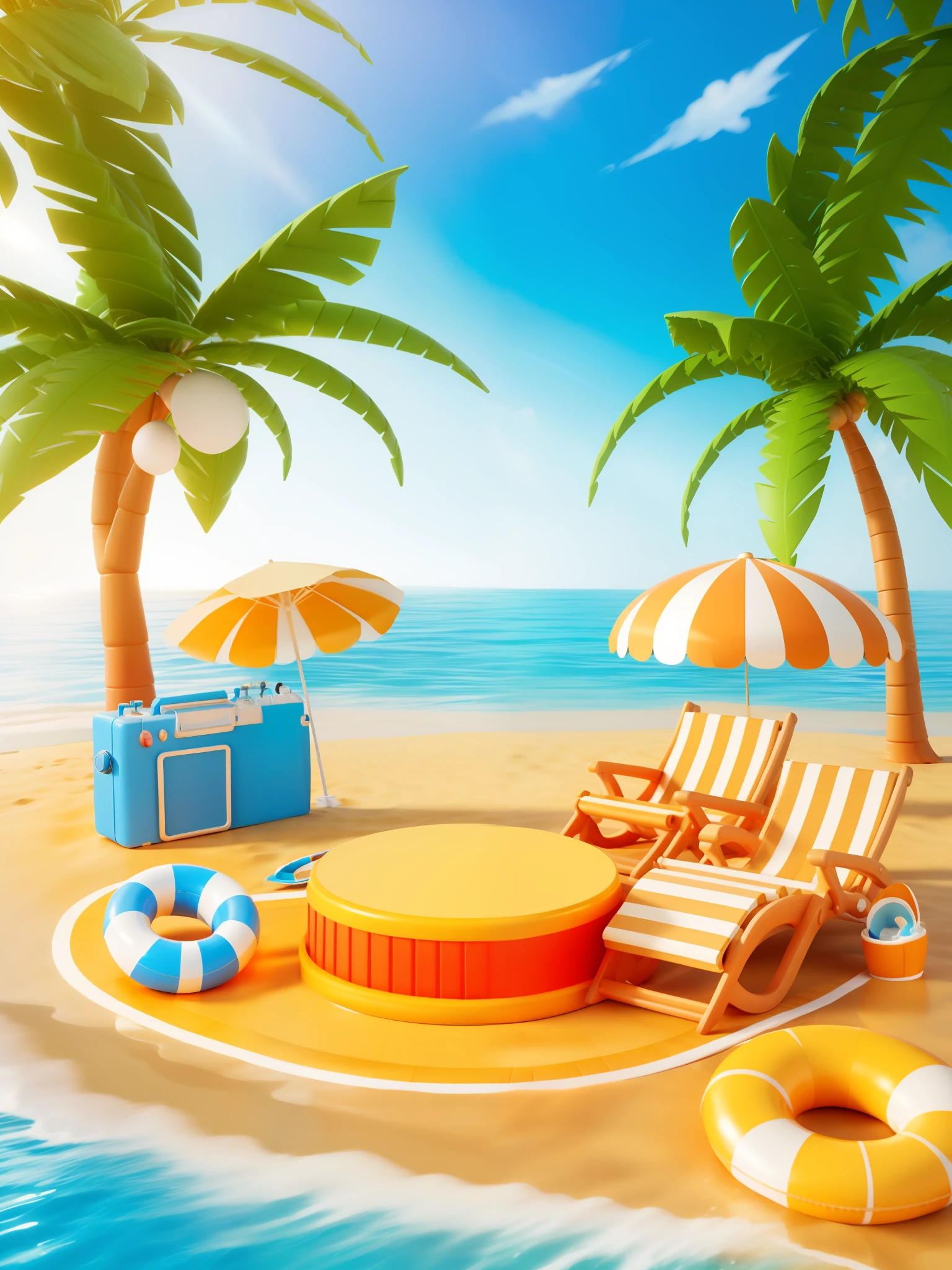 3ddianshang\(style\),There is a beach scene with palm trees, chairs, camera and lifebuoy, stylized digital illustration, beach background, beach setting, beach sunny day, strong light, seaside background, beach setting medium shot, 3D stylized scene, tropical background, 3d rendering stylized, 3d illustration, 3d illustration 