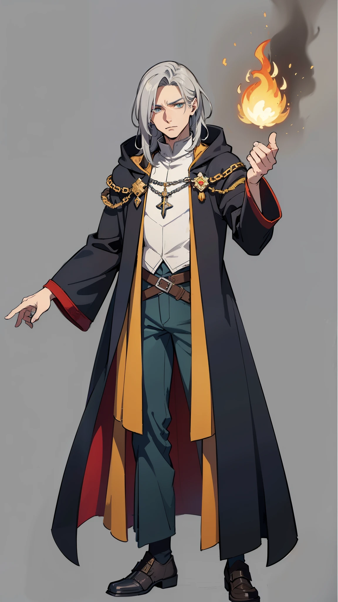 masterpiece, detailed, character, dungeons and dragons character, 1man, human male, ((human Sorcerer, human arcane mage)), (dragon magic), long grey hair, handsome face, detailed face, detailed eyes, green eyes, ((holding unformed magic energy made of fire in hands:1.25)), (wearing (medieval handsome fantasy cloth apparels, (medieval noble suit, medieval pants, medieval coat), (medieval Sorcerer fantasy outfit)), ((simple background, grey color background))