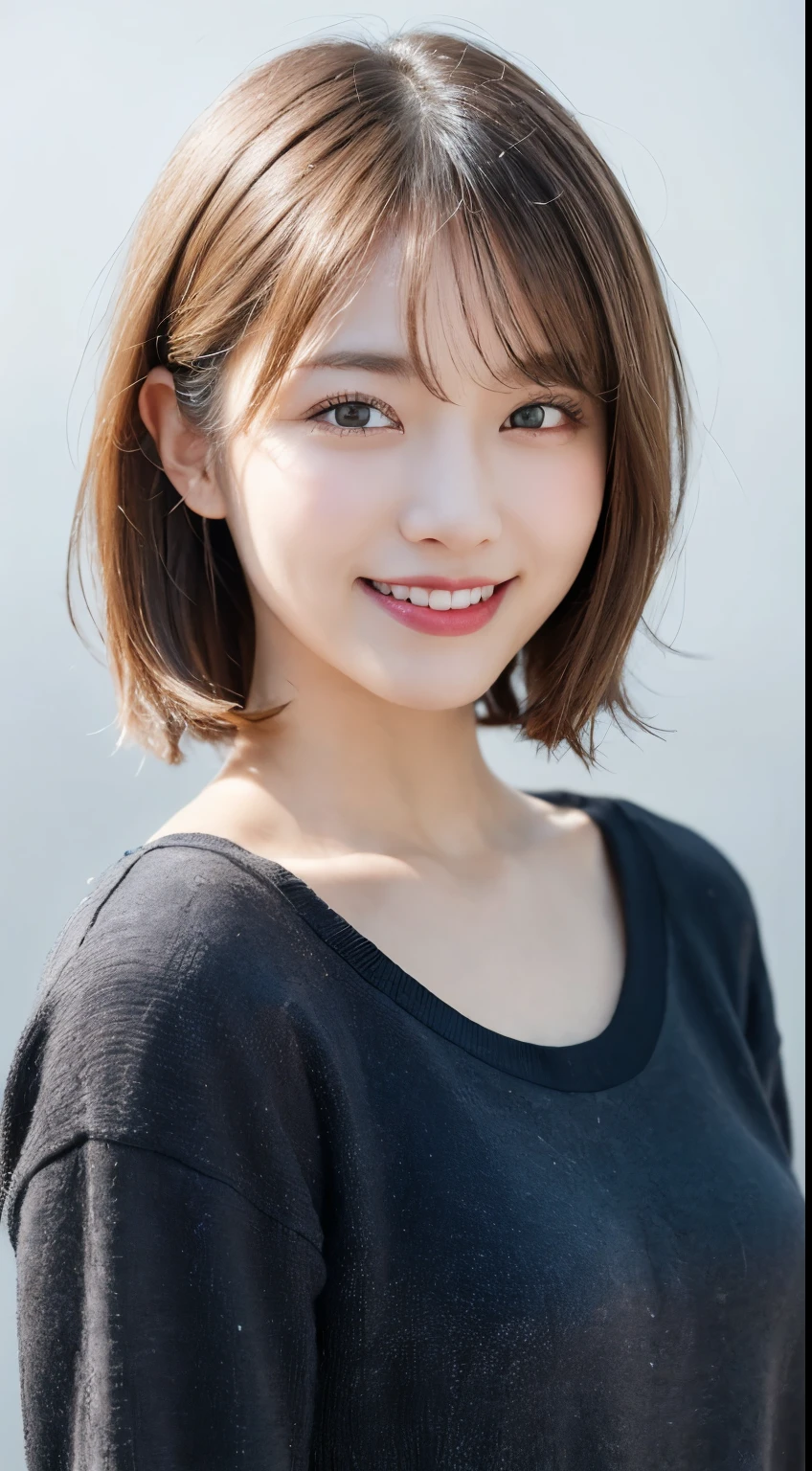 random pose, mix 4, (8K, Raw photo, highest quality, masterpiece: 1.45), (realistic, Photoreal: 1.37), one girl, cute, Big laugh:1.5, professional lighting, Plain color,photon mapping, radio city, Physically based rendering, gradient blonde hair, gray hair, very short hair,gal,Handsome, with a girl,Long-sleeved shirt,highest qualityの写真, High resolution, 1080P, (clear face), (Detailed facial description), (detailed description of hands), (masterpiece), lively, extreme light and shadow, messy hair, masterpiece, rich details, (detailed facial features), (highest qualityの写真), (masterpiece), (finely tuned), dual、look in front of you, thin clavicle,white simple background