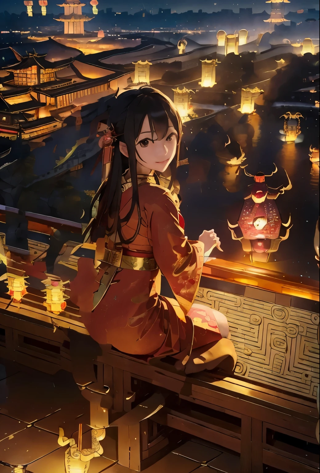 Masterpiece, top quality, 4K UHD, Chang'an City, bustling street, Lantern Festival, crowds, multi-colored lanterns, fireworks display, solo, excited, lively atmosphere, ancient architecture, historic buildings, cityscape, night scene, serene river, elegant bridges,, (lotus lantern:0.9), (golden pagoda:1.6), (red paper lanterns:1.2) --auto --s2 masterpiece, high resolution, 1 girl, sitting on a stone bench, enjoying the Lantern Festival in Chang'an