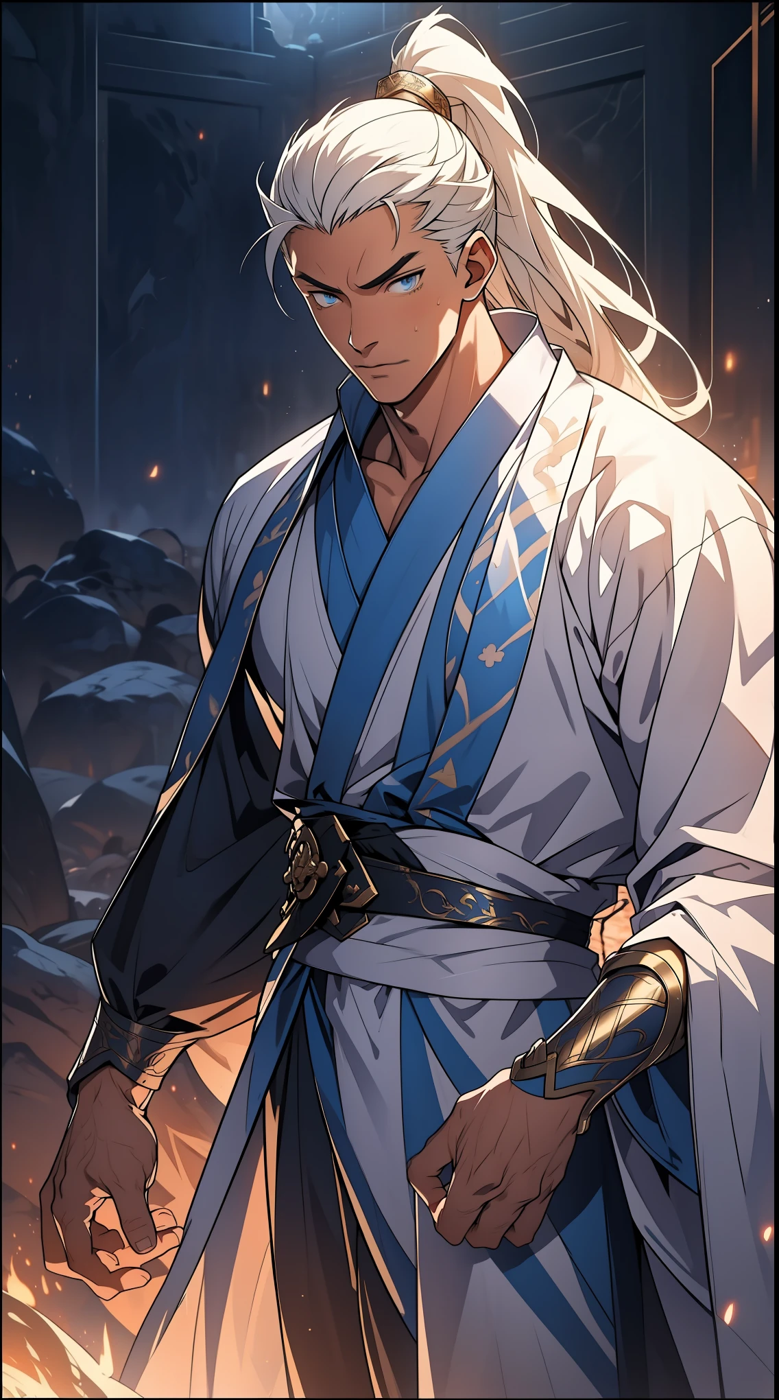 Two dimensions,anime style,one person(male warrior),proportions are correct,facial details,swordsman,high ponytail hairstyle,neck detail,Have an Adam's apple,White robe,joke,white robe,clothing details,transfer,long sleeves,Game quality,fencing,Ray tracing,Ray tracing,Detailed glow,CG rendering,hair details,long white hair,blue eyes,Handsome,Handsome,(Youthful feeling),Clothing is complicated,Perfect composition,refine,high quality,higher details,many details,Complex background,a sense of atmosphere,