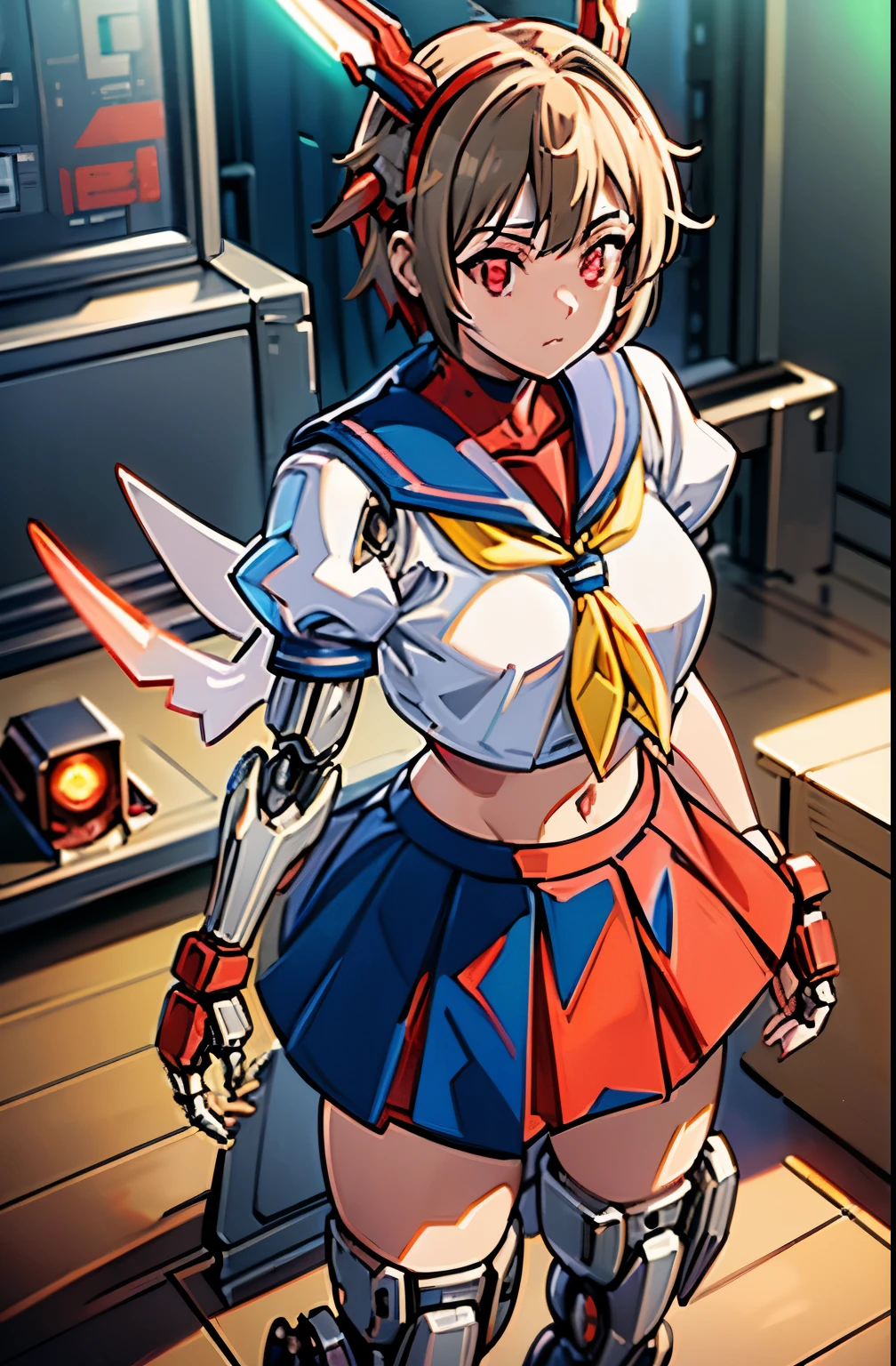 1girl solo,Standing depiction、(Large symmetrical mechanical wing:1.6)、((kasugano sakura:1.3))、(symmetrical mechanical headgear:1.6)、Beauty Cyborg, Cyborg - beautiful woman with brown short bob hair perfect anime cyborg woman, cute cyborg beauty, beautiful cyborg beauty, cyborg girl, (Perfect android beauty), (The perfect cyborg woman), (Cyborg - Girl), (beautiful female cyborg)、 beautiful white girl cyborg, beautiful female android, Beautiful and attractive female cyborg、walk、full body description、(Mechanical sailor suit:1.5)、(mechanical ruffle skirt:1.5)、((Combat readiness))、(glowing red mechanical eyes:1.9), brown hair, short hair, bangs, Ahoge,(head band), ((Gray uniform:1.4)), puffy sleeves, crop top, yellow neckerchief, ((gray skirt:1.4)), fingerless gloves, thighs thighs, white socks, red footwear,Expressionless、(table top, highest qualityの, highest quality, beautiful and aesthetic: 1.2), very detailed, more detailed,Proper body proportions,table top,Ultra high quality output image,High resolution,intricate details,very delicate and beautiful hair,realistic pictures,dream-like,professional lighting,realistic shadow,focus only,anime one、discovery stance, punching, discovery,raise one leg、Anime one