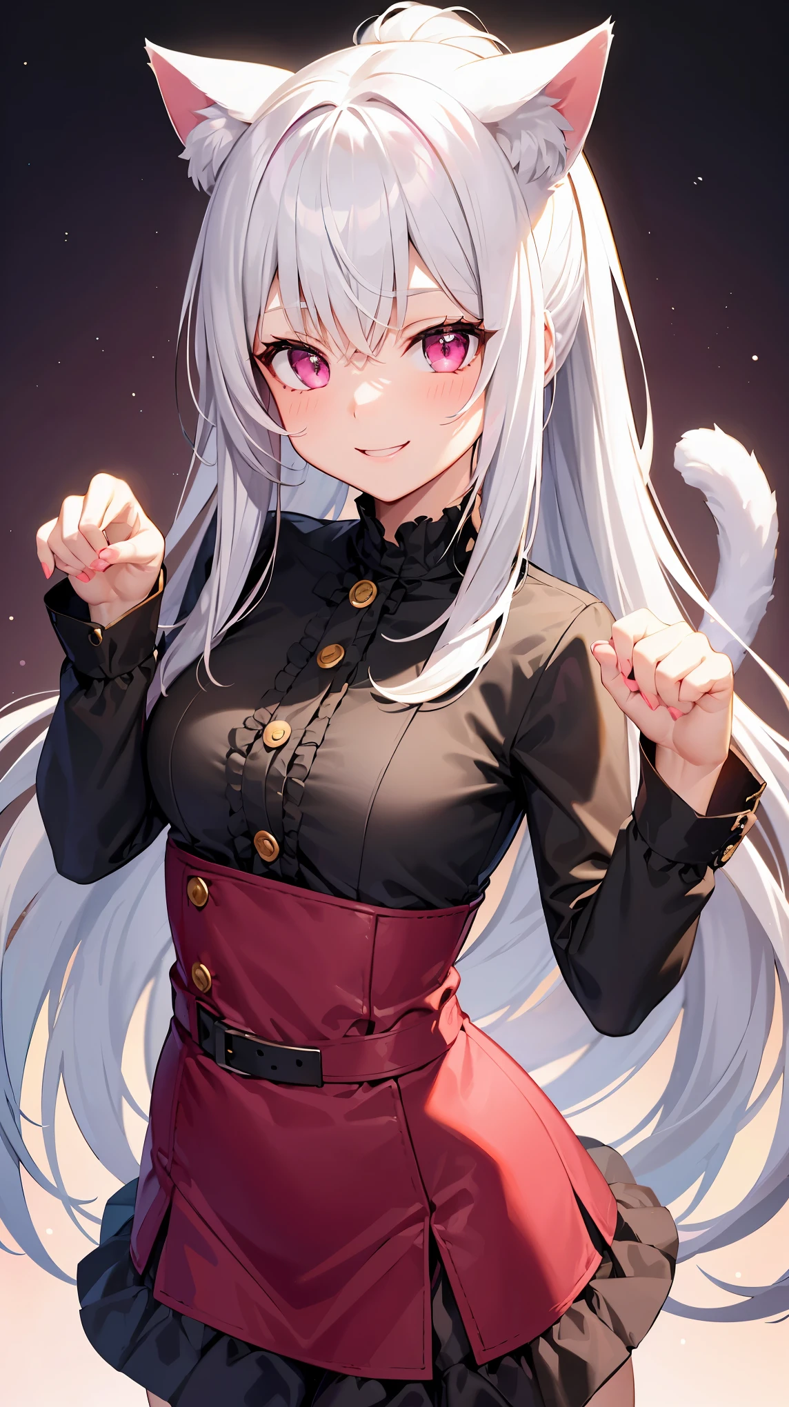 catgirl, cat tail, cat ears, white hair, long hair, ponytail, pink eyes, cute, smile, hands up, paws, neko pose