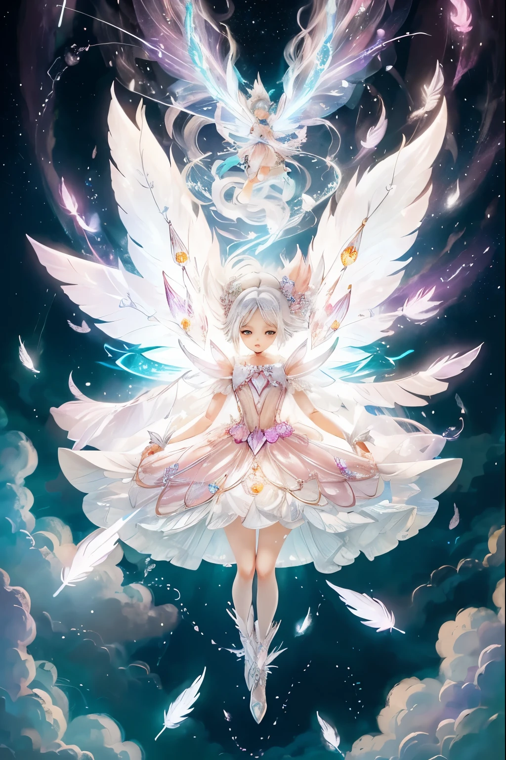 The white-haired fairy wears a pink transparent dress with diamonds、Yu-Gi-Oh，Magical girl，magical world，Feathers are flying all over the sky，Lightning background（（（masterpiece）））， （（best quality））， （（intricate details））， （（dream style））（8k）