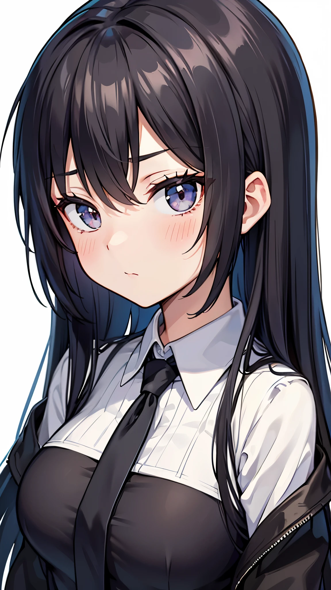 2D Anime Wallpapers,long black hair,girl,Black long sleeves、Tie Uniform,black mini skirt,big breasts,,expressionless、((Take a photo facing the front))、(Face and body face forward:1.5)、((pure white background))