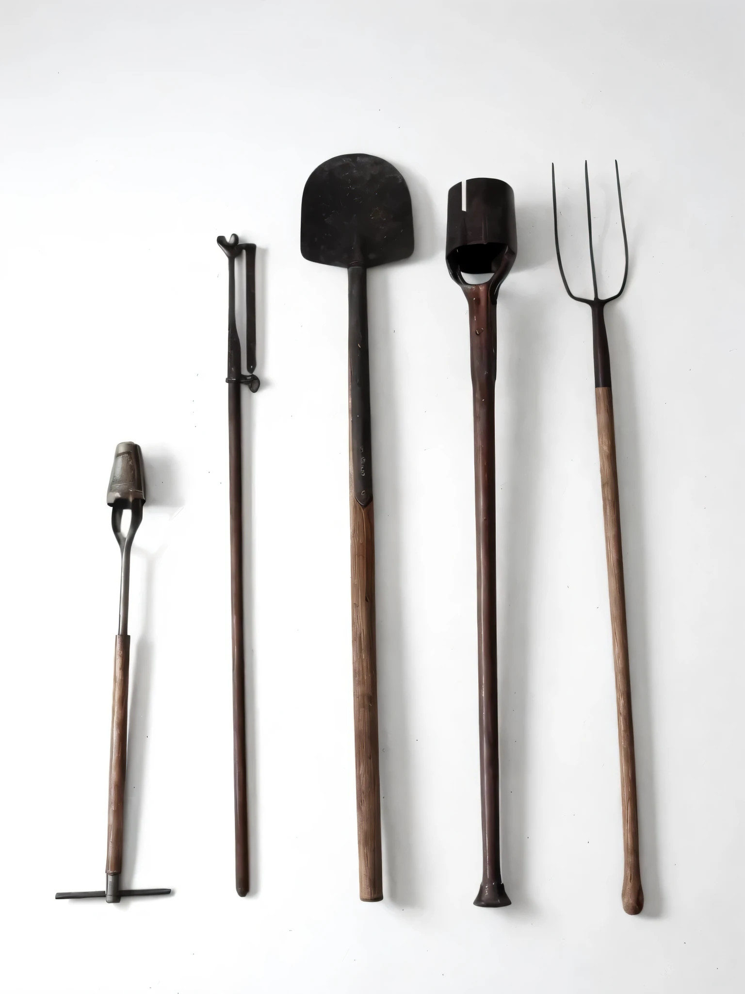there are four different Ferramentas that are on a white surface, flaming tochas and pitchGarfos, Povo, Kitchen utensils, metal, Ferramentas, Povo art, large props, utilitarista, design de produto ferreiro, Eixos, Ferramenta, ferrugem, armas improvisadas, jardinagem, Equipe de madeira, poupar, Varinhas, Antiguidade, tochas, arma medieval, Martelos, Garfos