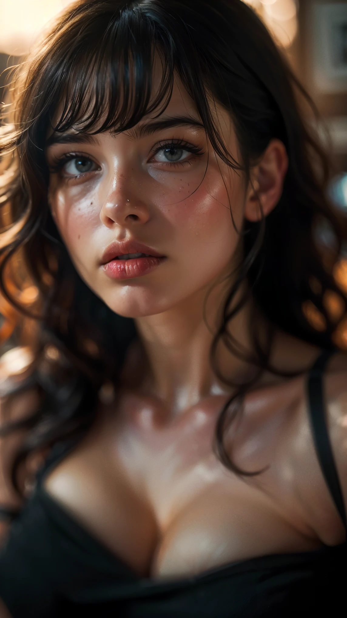 (((ultra realistic))) Photo, masterpiece, top quality, (pale skin), (Ultra detailed face and eyes:1.2), 1 girl, naked, (Eye makeup, mascara) , (large detailed lips), ((Dark wavy hair)), ((blunt bangs)) , (Natural breasts). ((Posing)), photoshoot, studio (Contour lighting), (The play of light and shadows), depth of field, bokeh, (special attention to skin detail: 1.2), Detailed leather texture, skin pores. (Dark and gloomy atmosphere of the frame. color scheme - black, Gray, ash tones), ((Film grain, VHS effect)), ((rays)) , ((flare)), ((close to the camera, radial background blur)) , ultra detialed,