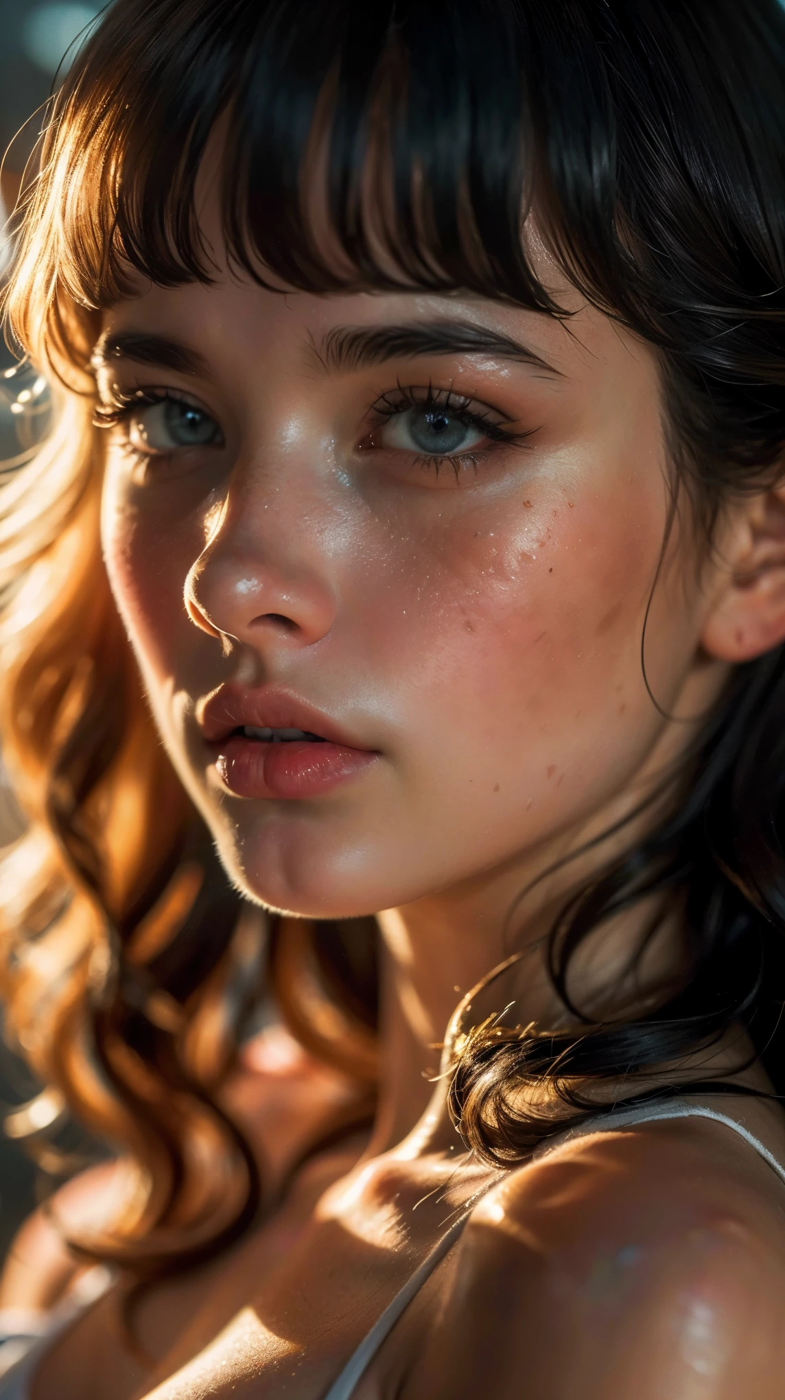 (((ultra realistic))) Photo, masterpiece, top quality, (pale skin), (Ultra detailed face and eyes:1.2), 1 girl, naked, (Eye makeup, mascara) , (large detailed lips), ((Dark wavy hair)), ((blunt bangs)) , (Natural breasts). ((Posing)), photoshoot, studio (Contour lighting), (The play of light and shadows), depth of field, bokeh, (special attention to skin detail: 1.2), Detailed leather texture, skin pores. (Dark and gloomy atmosphere of the frame. color scheme - black, Gray, ash tones), ((Film grain, VHS effect)), ((rays)) , ((flare)), ((close to the camera, radial background blur)) , ultra detialed, 