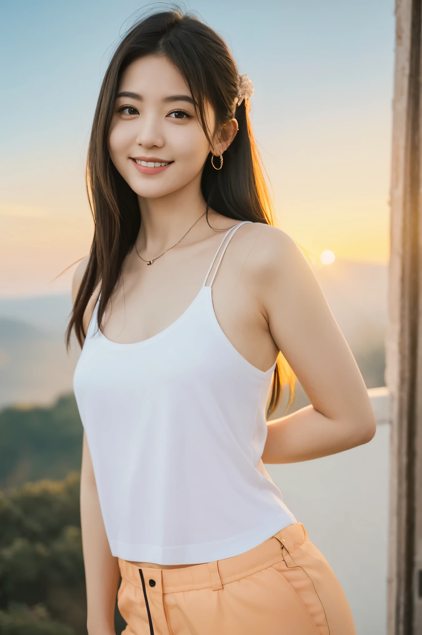 1girl, photo model, smile, focus to viewer, beautiful lighting, best quality, masterpiece, ultra highres, photorealistic, black hair, short tank top, short pants, long stocking, medium breasts, white skin,( sunset background:1.4)