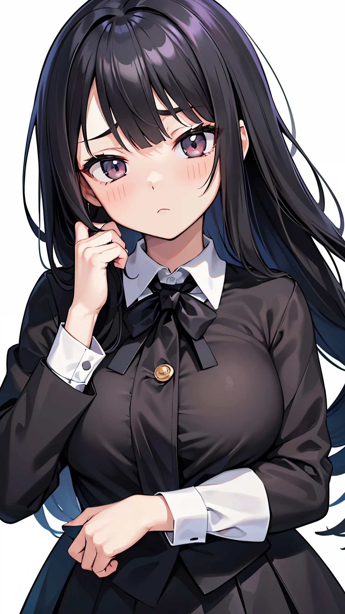 2D Anime Wallpapers,long black hair,girl,Black long sleeves、Tie Uniform,black mini skirt,big breasts,,expressionless、((Take a photo facing the front))、(Face and body face forward:1.5)、((pure white background))