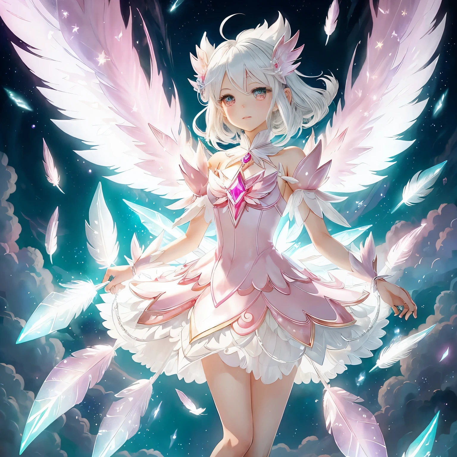 The white-haired fairy wears a pink transparent dress with diamonds、Yu-Gi-Oh，Magical girl，magical world，Feathers are flying all over the sky，Lightning background（（（masterpiece）））， （（best quality））， （（intricate details））， （（dream style））（8k）