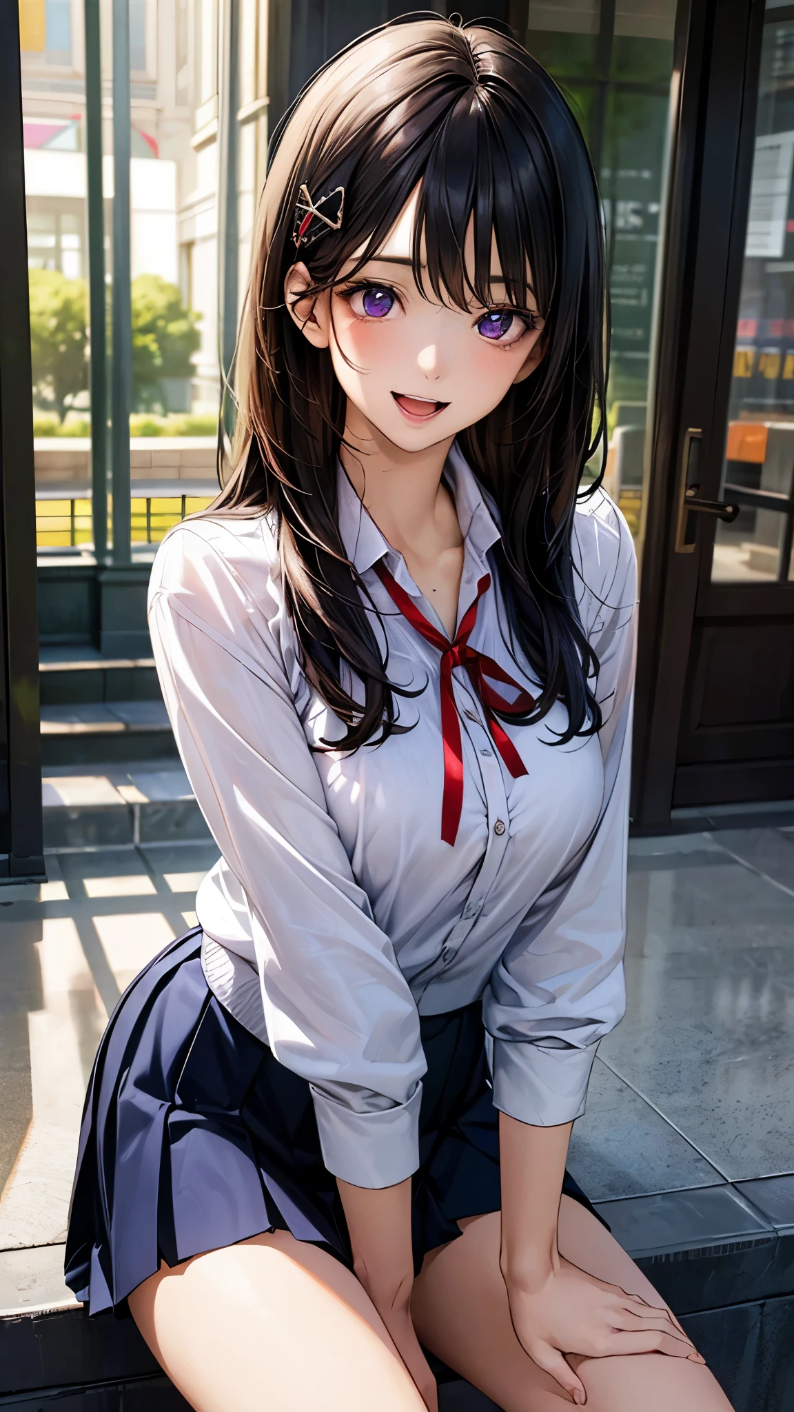 (masterpiece:1.2, top-quality), (realistic, photorealistic:1.4), beautiful illustration, (natural side lighting, movie lighting), , 
(looking at viewer), 1 girl, japanese, high school girl, perfect face, cute and symmetrical face, shiny skin, skinny, 
(long hair, straight hair, black hair), swept bangs, datk purple eyes, drooping eyes, long eye lasher, (large breasts:0.6), five fingers, hair ornament, 
beautiful hair, beautiful face, beautiful detailed eyes, beautiful clavicle, beautiful body, beautiful chest, beautiful thighs, beautiful legs, 
((symmetrical clothing, white collared shirts, navy pleated skirt, red neck ribbon)), light cardigan, navy socks, 
(beautiful scenery), day time, shopping mall, (lovely smile, upper eyes, open mouth, sexy pose), 