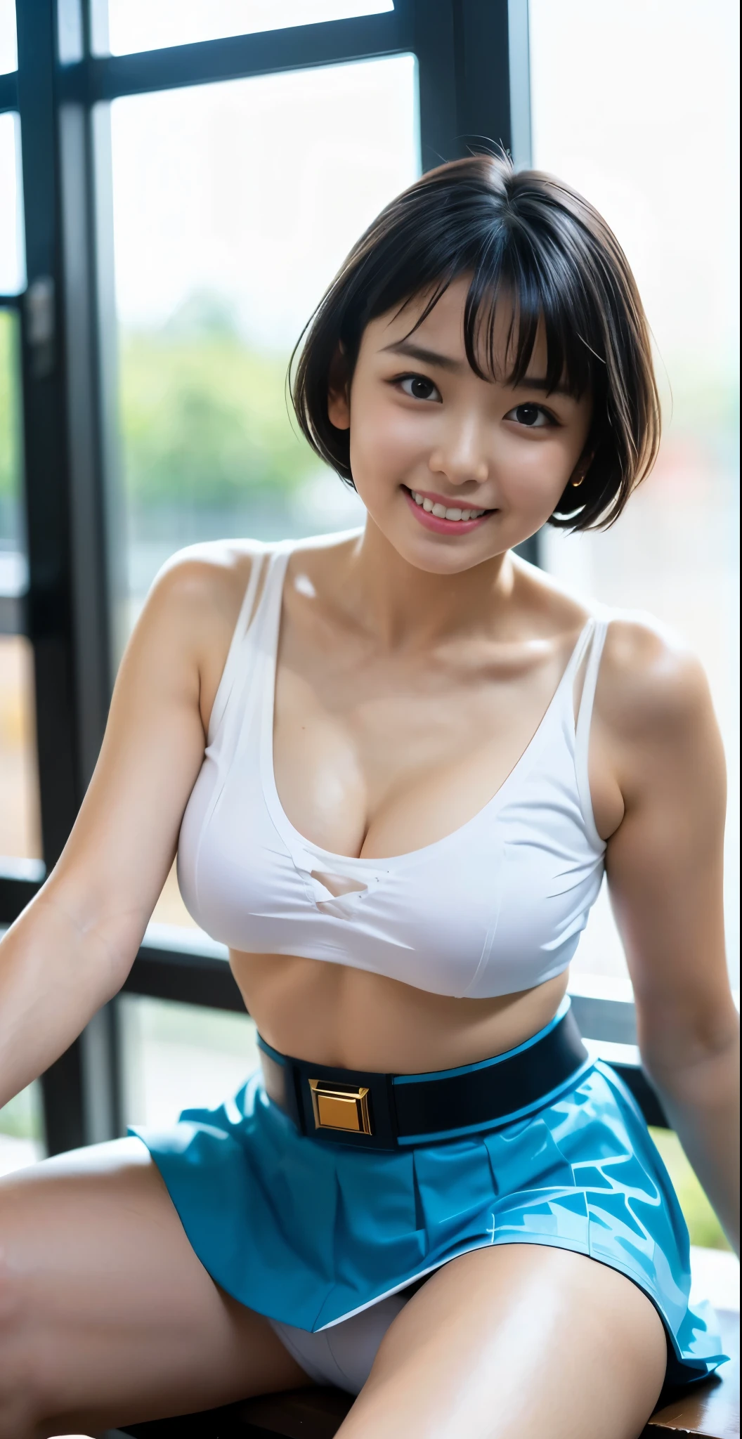 （8K、Raw photography、highest quality、masterpiece：1.2),(black haired、very short hair:1.7),show viewer,Looking at the front,erotic,(super sentai series、precure series costumes:1.6)、(Clothing that emphasizes the shape of your chest:1.4)、(big breasts :1.4)、slim body shape、ultra high resolution,beautiful,beautiful fece,(alone, alone、no background:1.9),whole bodyボディー,、(black eye、japanese woman: 1.3),（Photoreal：1.37）、photon mapping,reality、(Cute with a : 1.1)、(cute smile: 1.7)、(With a round face: 1.8)、radio city、Physically based rendering、depth of field rally background、photograph, (I can see your knees,close up of thighs、skirt is too short、spread your legs、showing off white panties:1.4),whole body、super fine