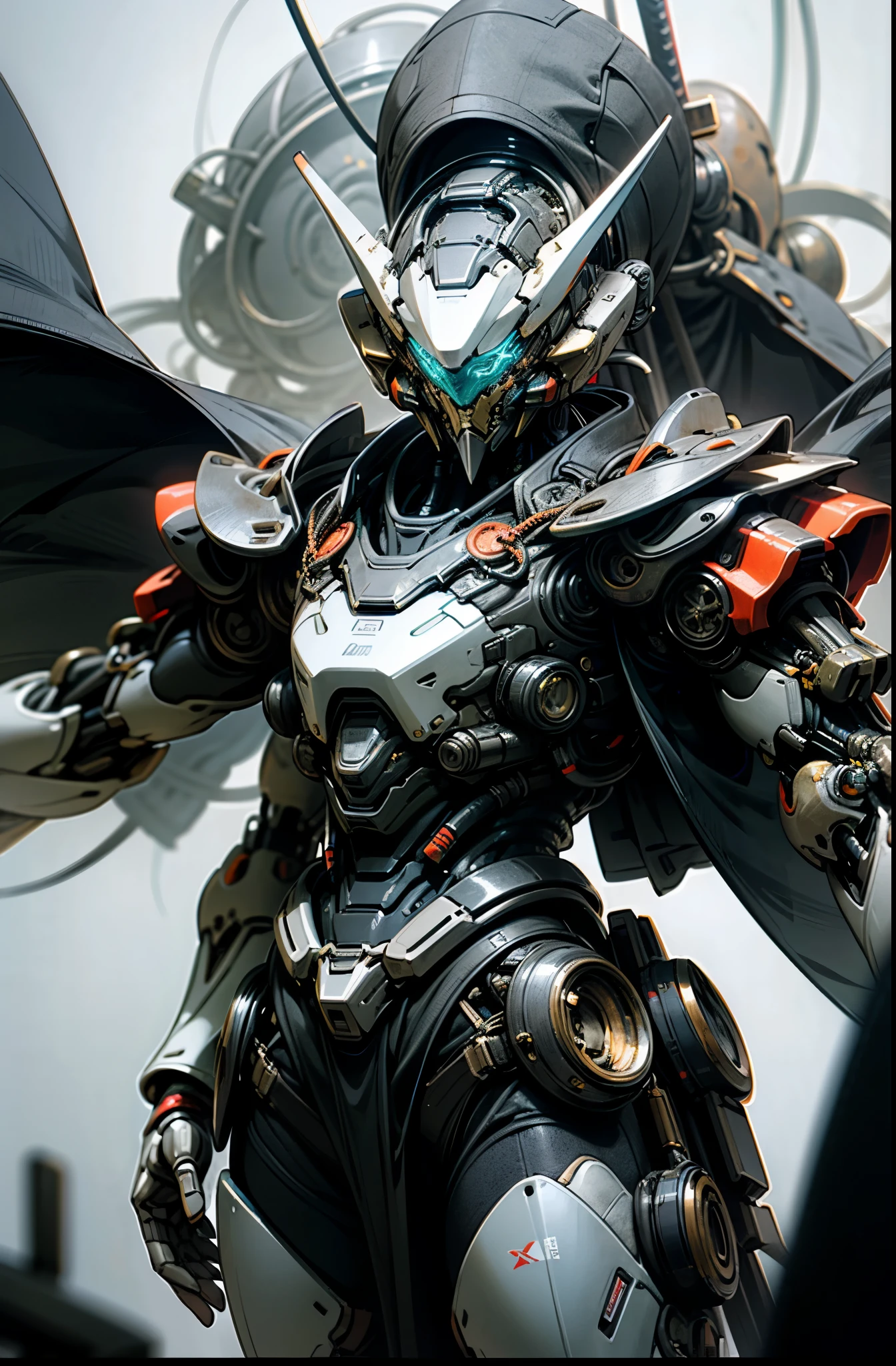 dark_fantasy,cyber punk,1 man mechanical wonder,robot-like being,cybernetic guardian, Samurai Mechanical Armor, katana on hip, Absolutely amazing art,Wearing a black cloak, Highest quality art, highest resolution, very detailed,black and red, futuristic, Samurai Robot, in the atmosphere,8K,64k, HD, an unparalleled masterpiece, dynamic lighting, cinematic, amazing