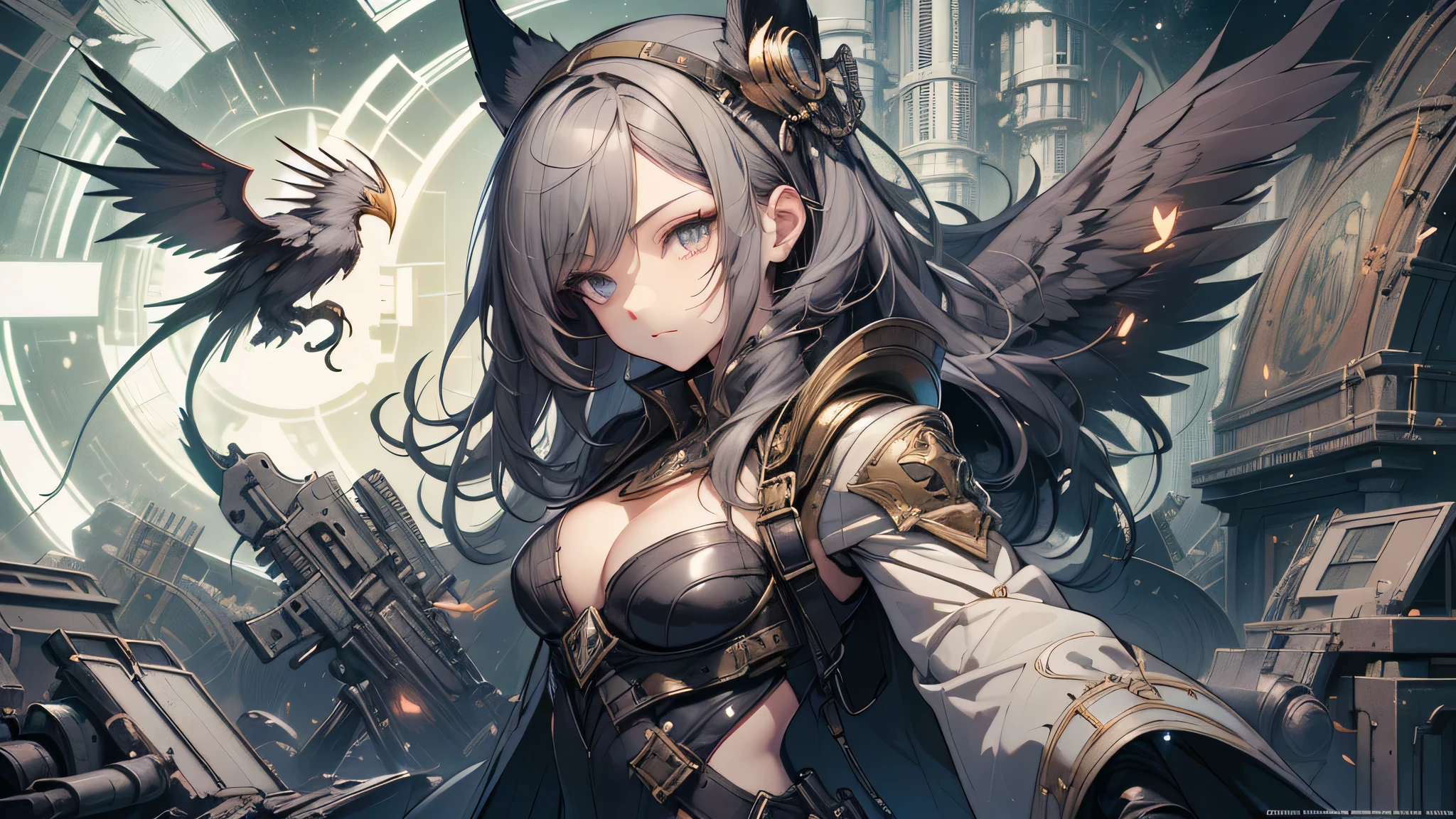 最high quality、best image quality、masterpiece、age girl((18-year-old、 By becoming、vest bust、medium bust,wide open breast tea、black eye, gray hAria、long hAria、thin,highest valley、Black Battlesuit、white arm parts、white leg parts、Holding a big sword、Glowing red wings,Aria、splatters、fighting pose)),high quality、beautiful art、background((outer space、battlefield、splattersing beams、military base))瓦礫がsplatters、Depth of written boundary、movie、visual art、perfect art、8K,genuine